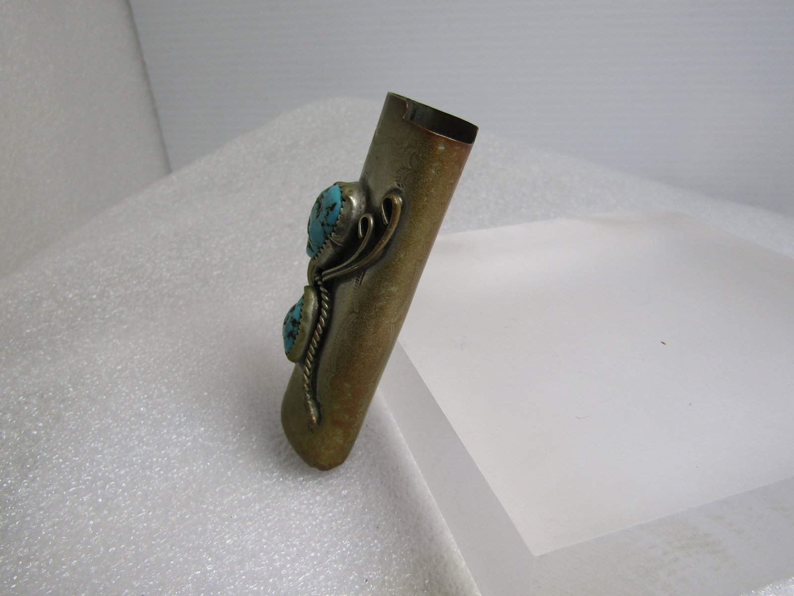 Vintage Southwestern Turquoise Lighter Case. Silver Tone over Brass, 1960's-1970's - 2