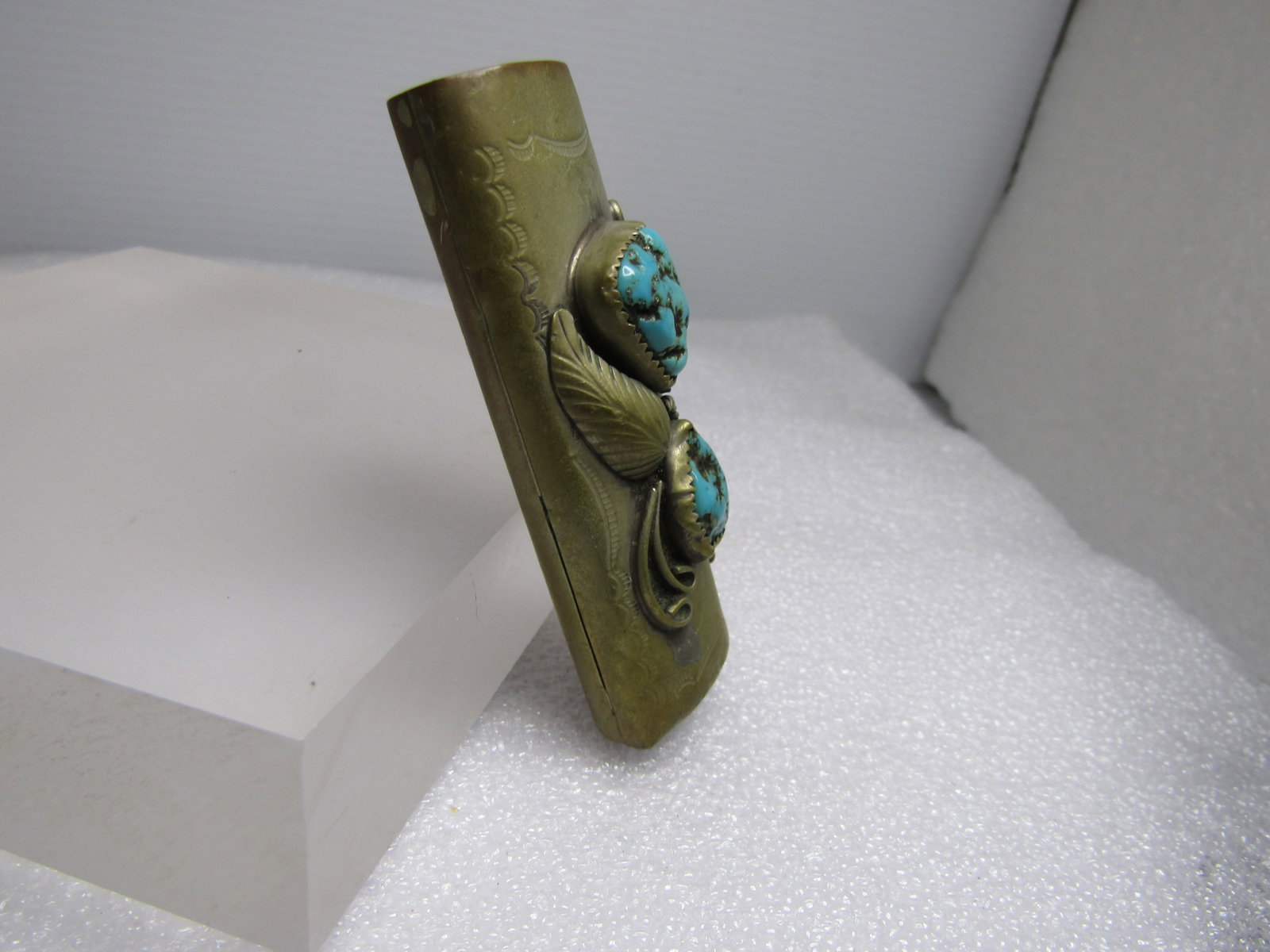 Vintage Southwestern Turquoise Lighter Case. Silver Tone over Brass, 1960's-1970's - 3