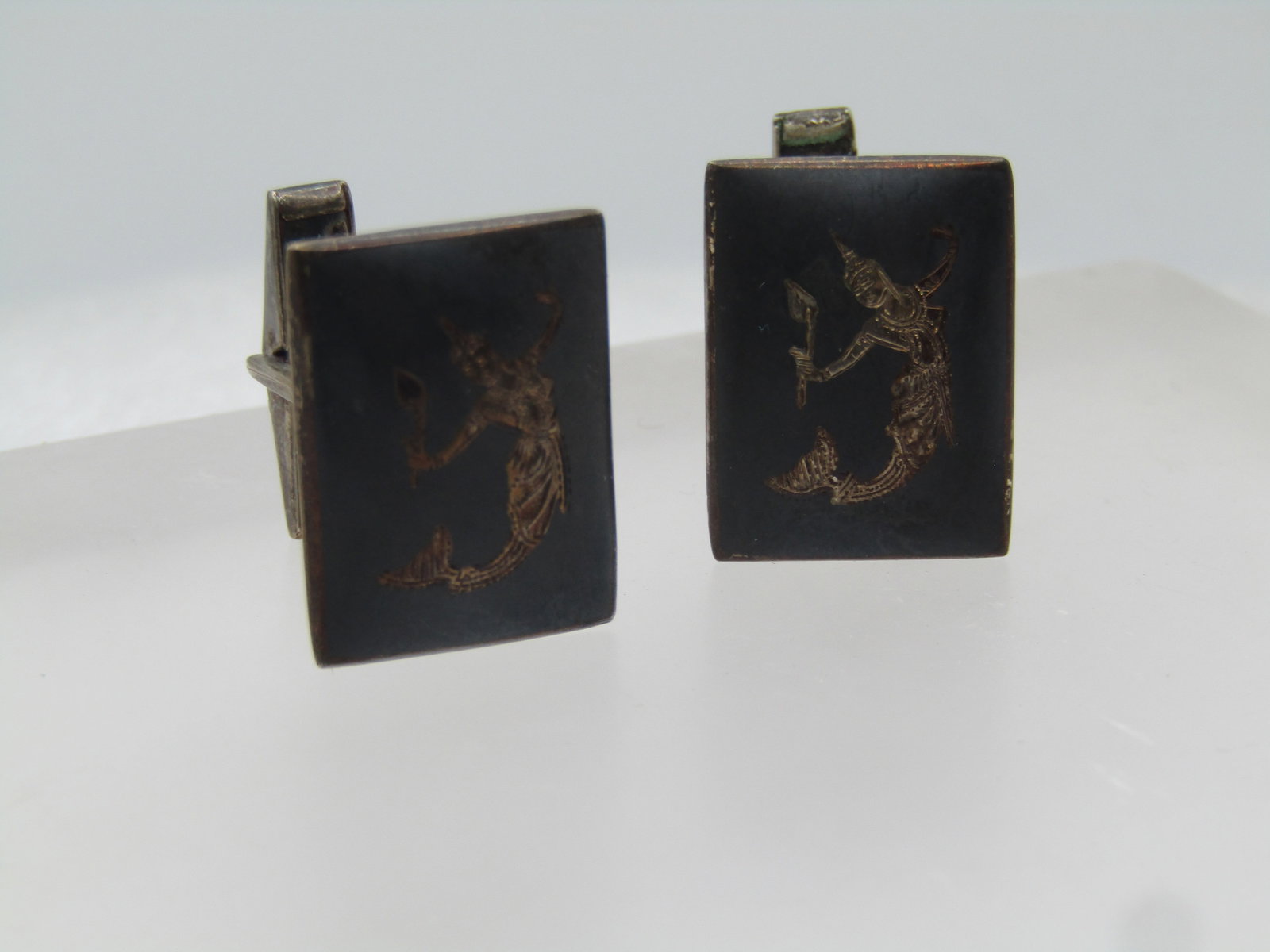 Vintage Sterling Enameled Siam Goddess Cufflinks, Mid-Century, Signed, 1940's-1950's - 2