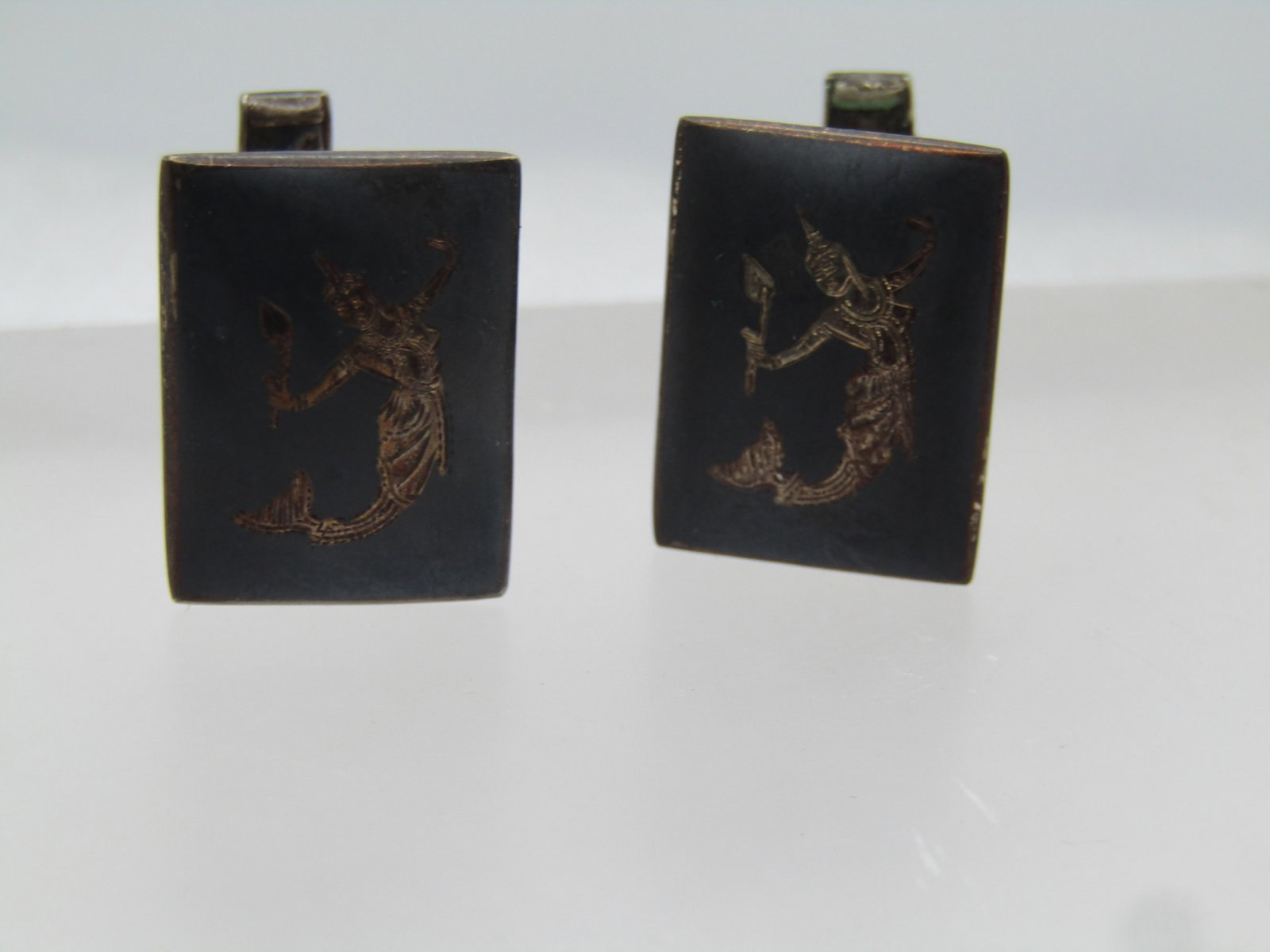 Vintage Sterling Enameled Siam Goddess Cufflinks, Mid-Century, Signed, 1940's-1950's - 3