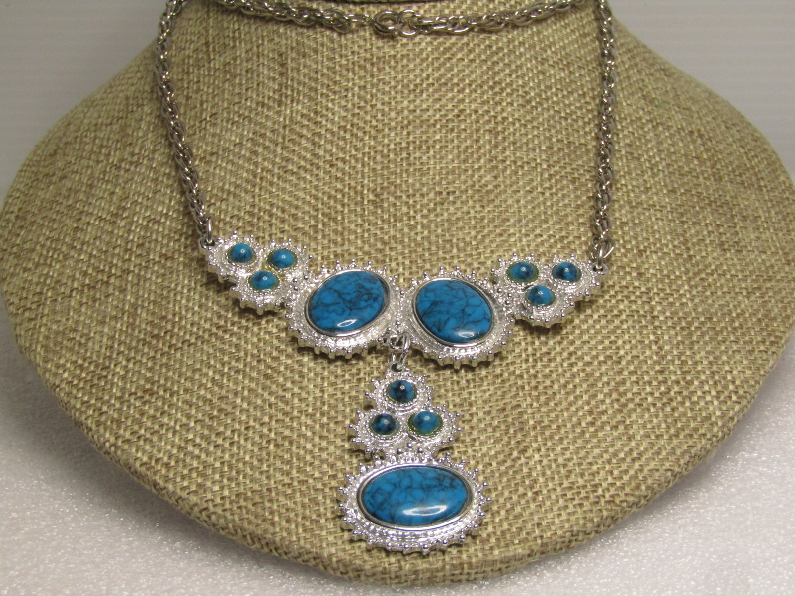 Vintage Costume Southwestern Faux Turquoise Necklace, 26", 1970's-1980's: Title: Vintage Costume Southwestern Faux Turquoise Necklace, 26", 1970's-1980's Description: Vintage Costume Southwestern Faux Turquoise Necklace, 26", 1970's-1980's. This has a twisted silver tone