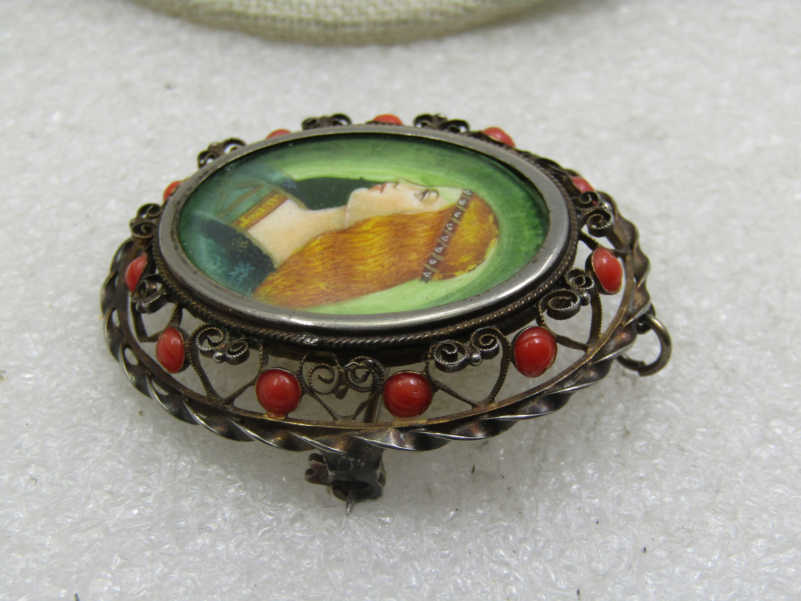 800 Silver Painted Maiden Brooch, Coral Glass Stones, G=Filigree Frame, 1940's - 4