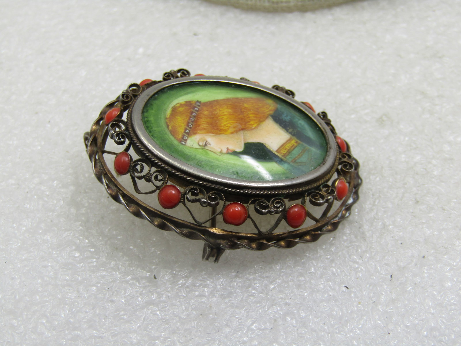 800 Silver Painted Maiden Brooch, Coral Glass Stones, G=Filigree Frame, 1940's - 5