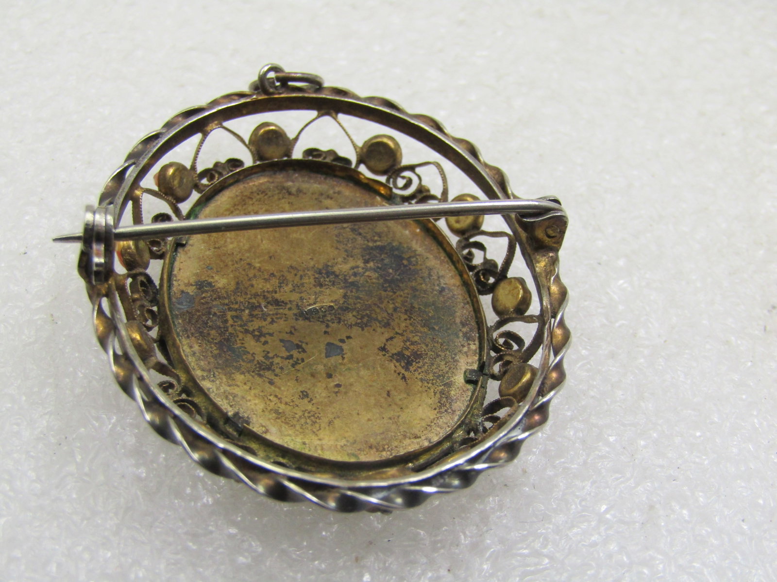 800 Silver Painted Maiden Brooch, Coral Glass Stones, G=Filigree Frame, 1940's - 6
