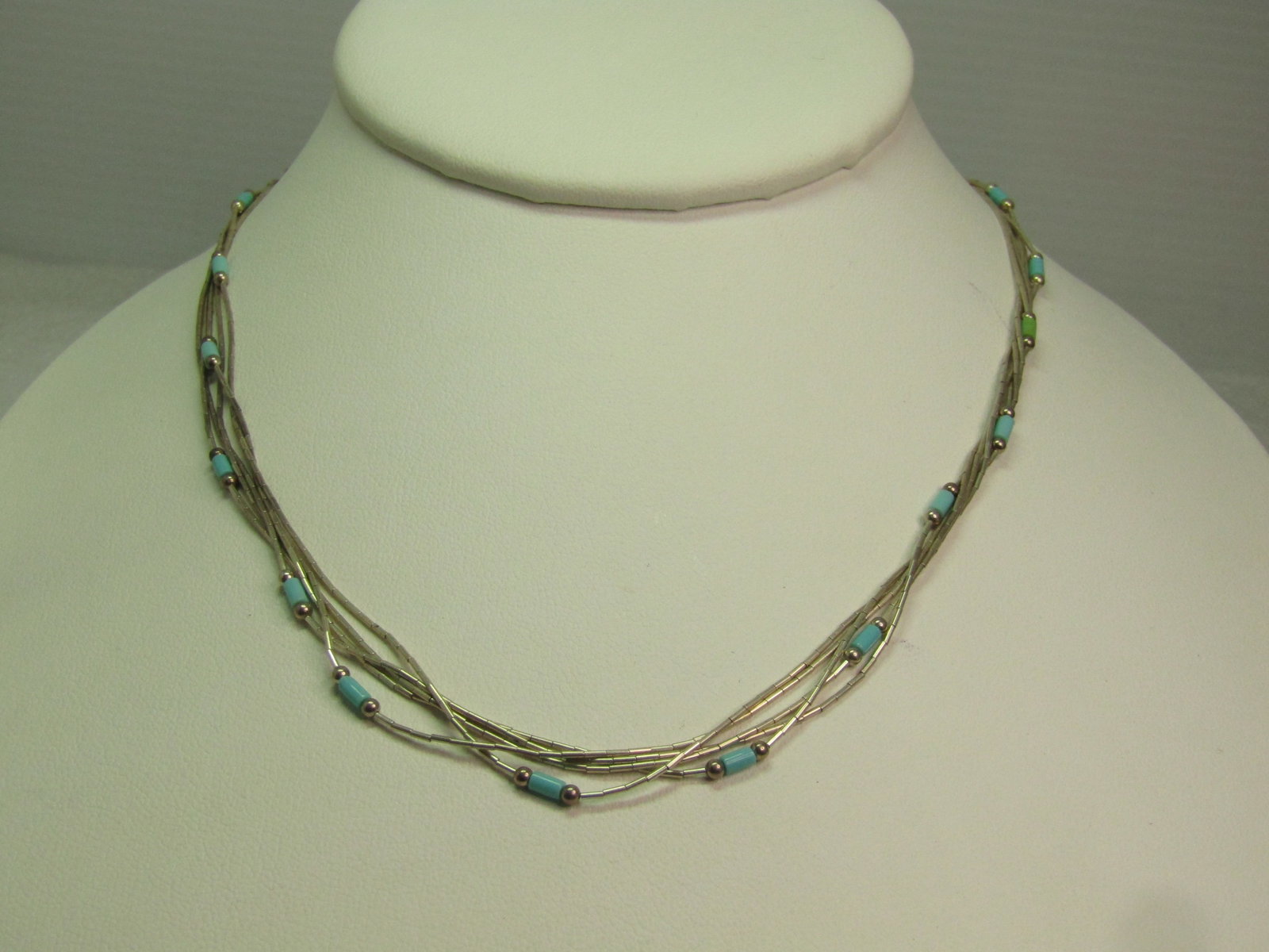 Vintage Sterling Southwestern Five Strand Necklace, Liquid Silver & Turquoise Glass Beads, 18", - 2