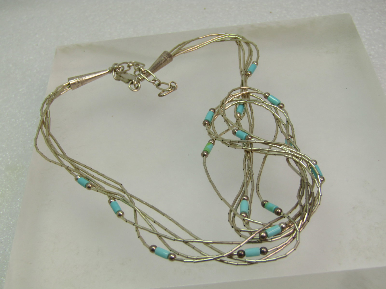 Vintage Sterling Southwestern Five Strand Necklace, Liquid Silver & Turquoise Glass Beads, 18", - 4