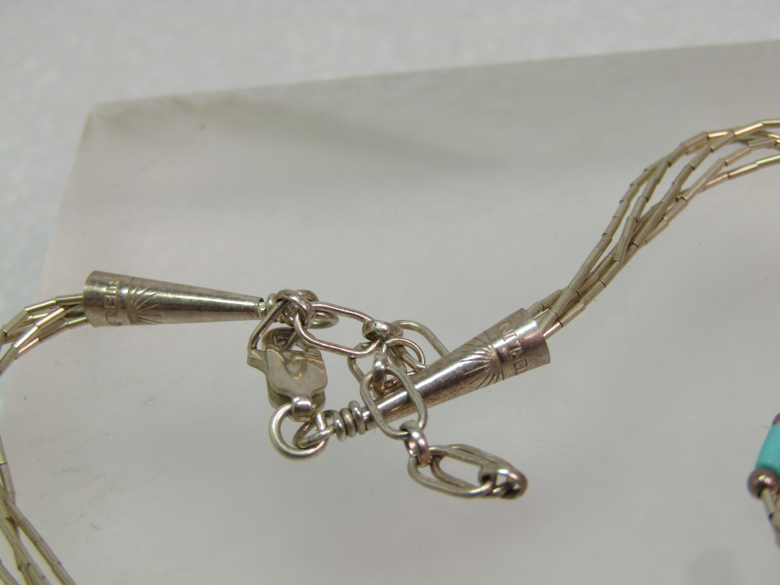 Vintage Sterling Southwestern Five Strand Necklace, Liquid Silver & Turquoise Glass Beads, 18", - 5