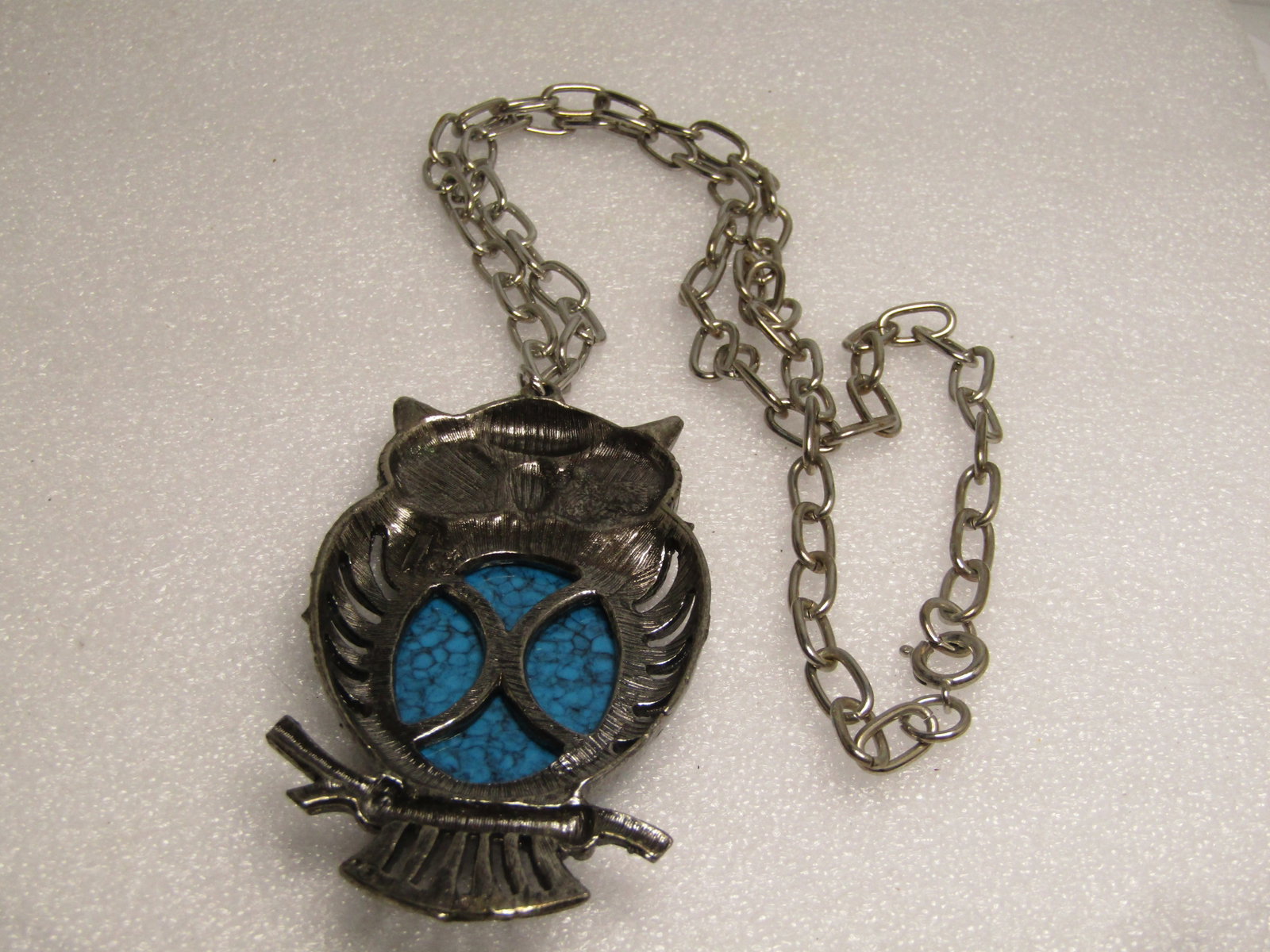 Vintage Southestern Faux Turquoise Owl Necklace, 24", 1960's-1970's, Signed - 6