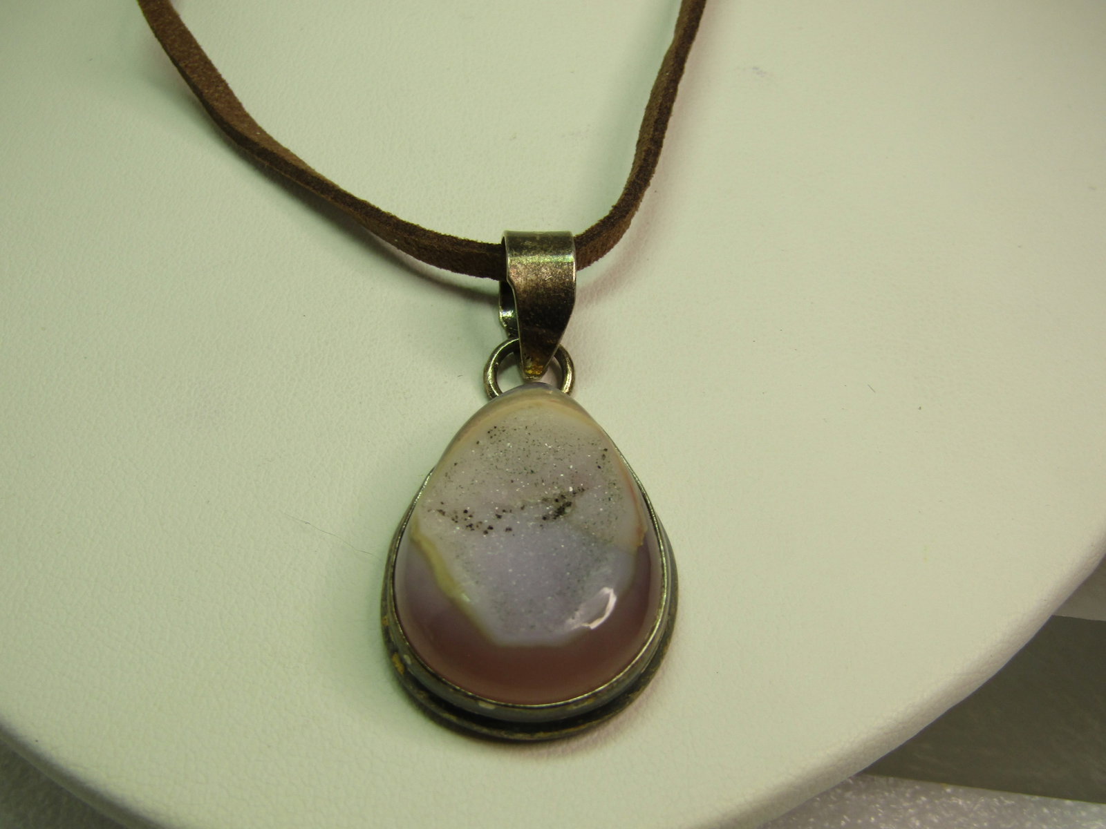 Vintage Druzy Quartz Suede Necklace, 17"-20", Marked .925, 1990's - 2