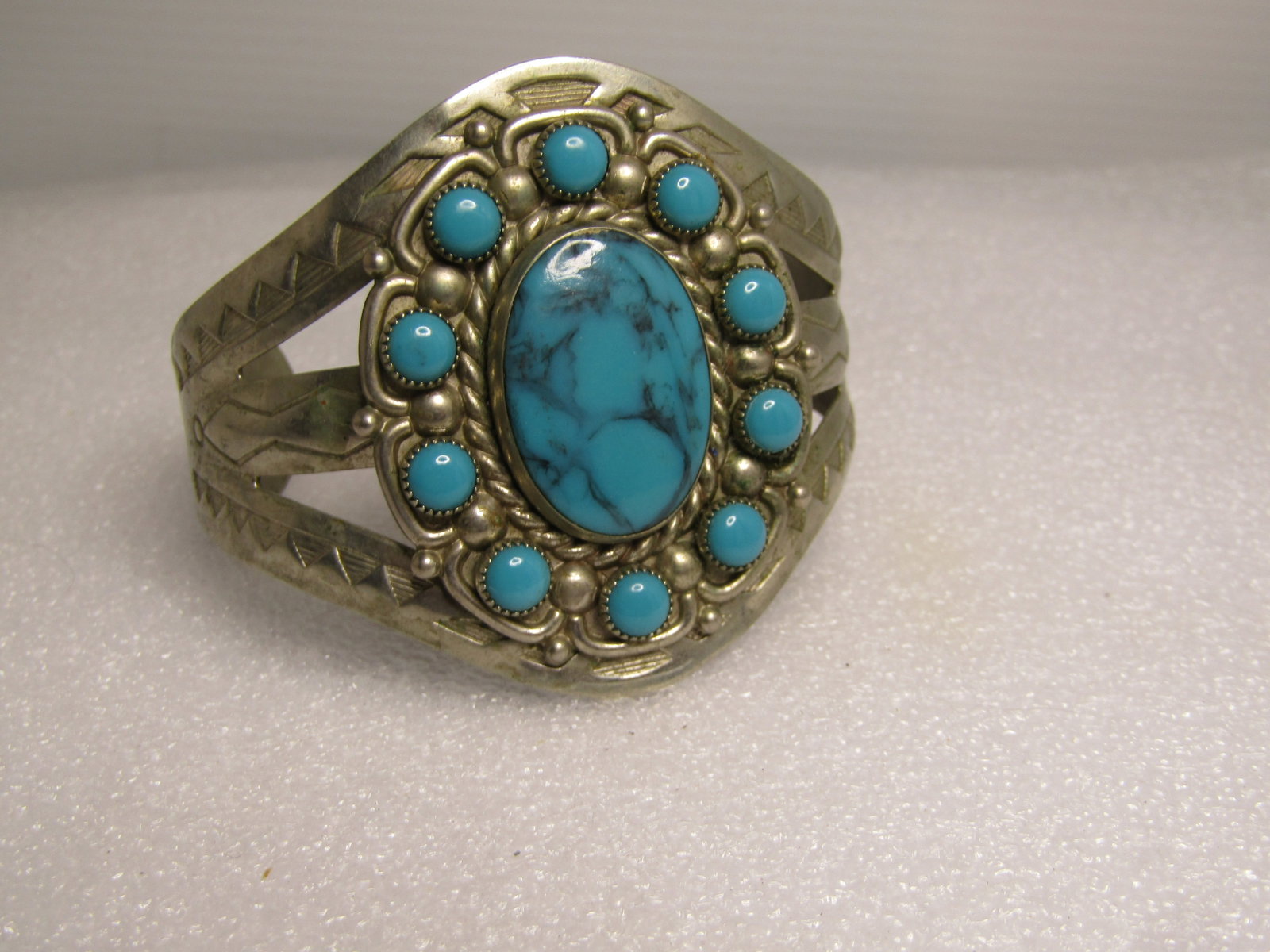 Vintage Southwestern Cuff Bracelet, Faux Turquoise, Bell Trading, Nickel Silver 7", 1960's-1970's - 2