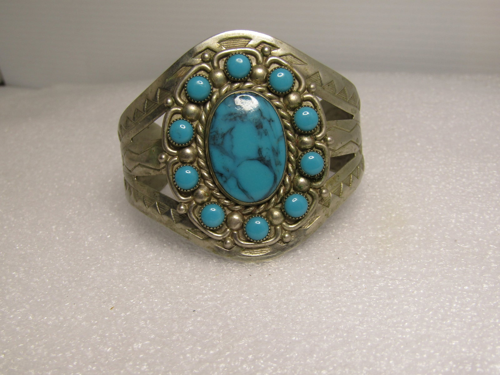 Vintage Southwestern Cuff Bracelet, Faux Turquoise, Bell Trading, Nickel Silver 7", 1960's-1970's - 3
