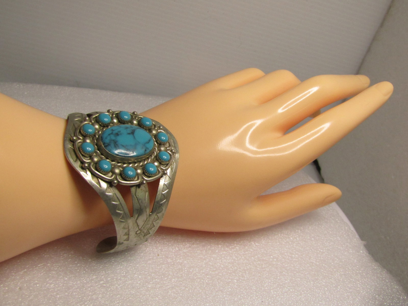 Vintage Southwestern Cuff Bracelet, Faux Turquoise, Bell Trading, Nickel Silver 7", 1960's-1970's - 5