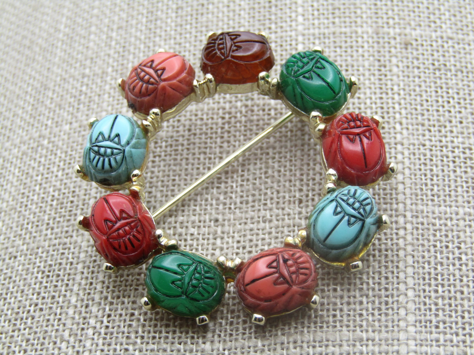 Vintage Simulated Egyptian Scarab Circle Brooch, 1960's-1970's (1 of 5)