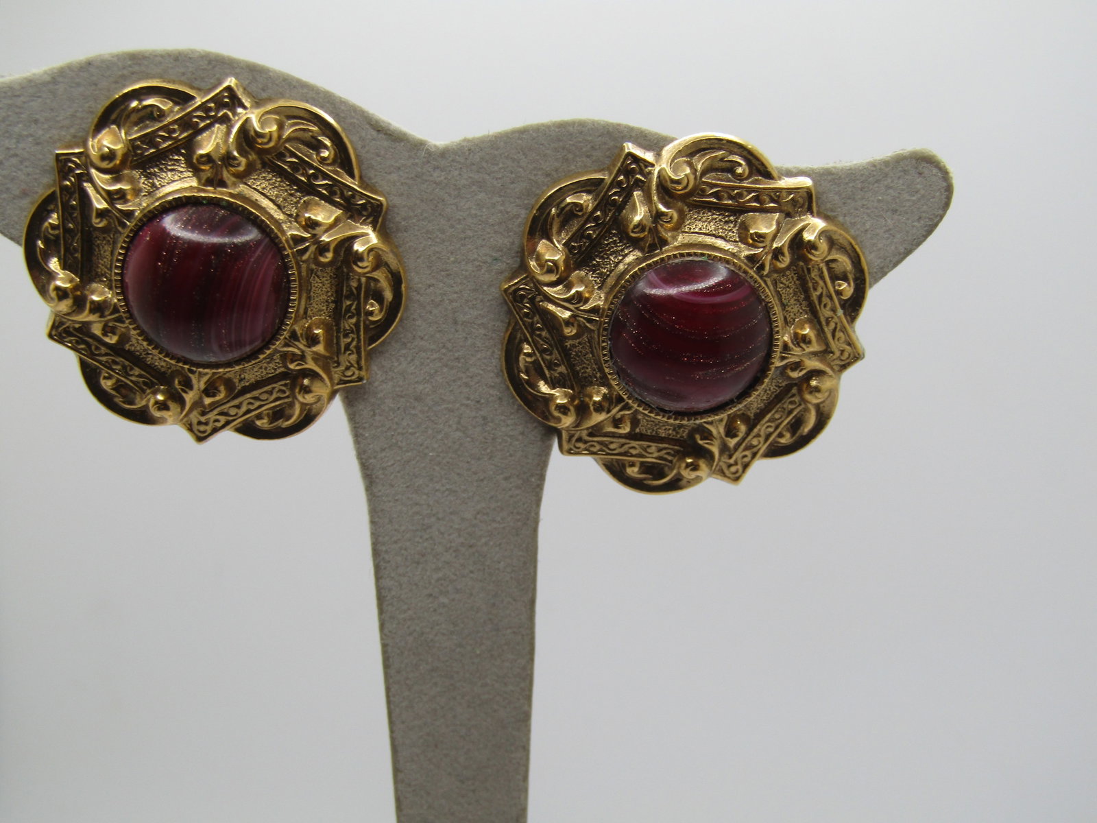Vintage Red Glitter Stone Earrings, Clip, 1980's, 1928 Style Back - 2