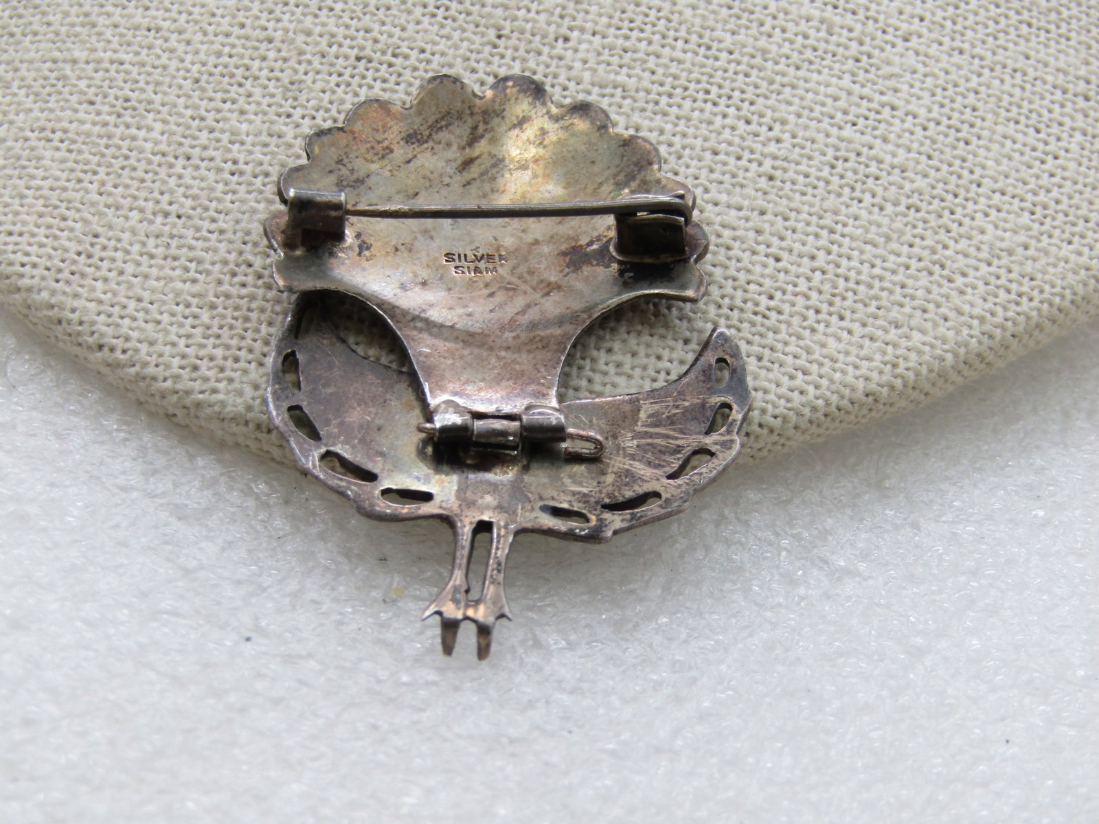 Vintage Sterling Siam Peacock Hinged Brooch, 1940's-1950's, 2" - 6