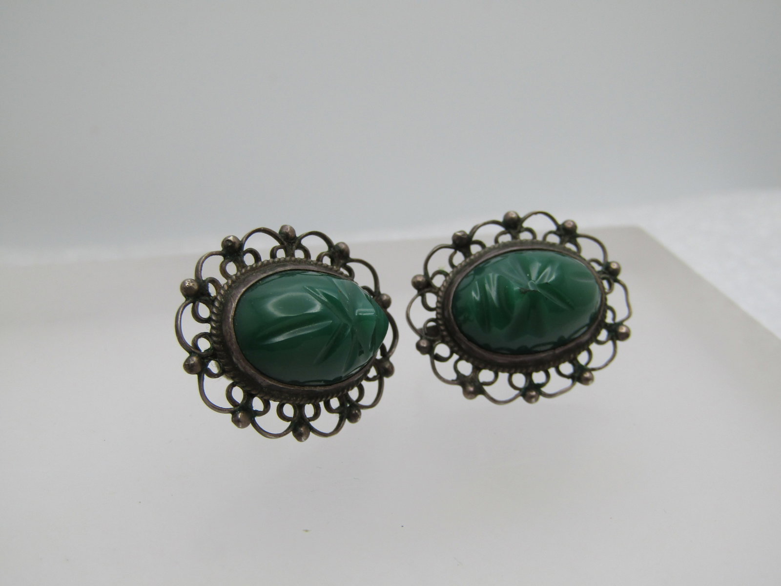 Vintage Sterling Carved Mask Earrings, Mexico, Screwback, Green Chalcedony, 1950's-1960's - 3