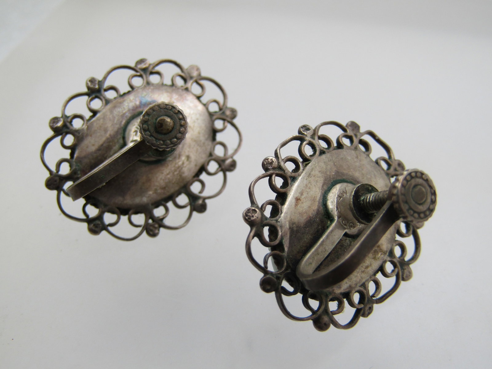 Vintage Sterling Carved Mask Earrings, Mexico, Screwback, Green Chalcedony, 1950's-1960's - 6