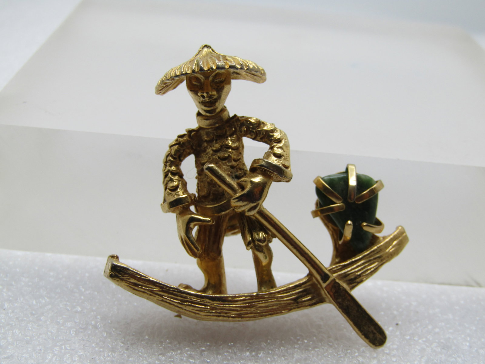 Vintage Chinese Paddle Boat Brooch, With Man, Green Stone, Signed BSK, 1960's (1 of 9)