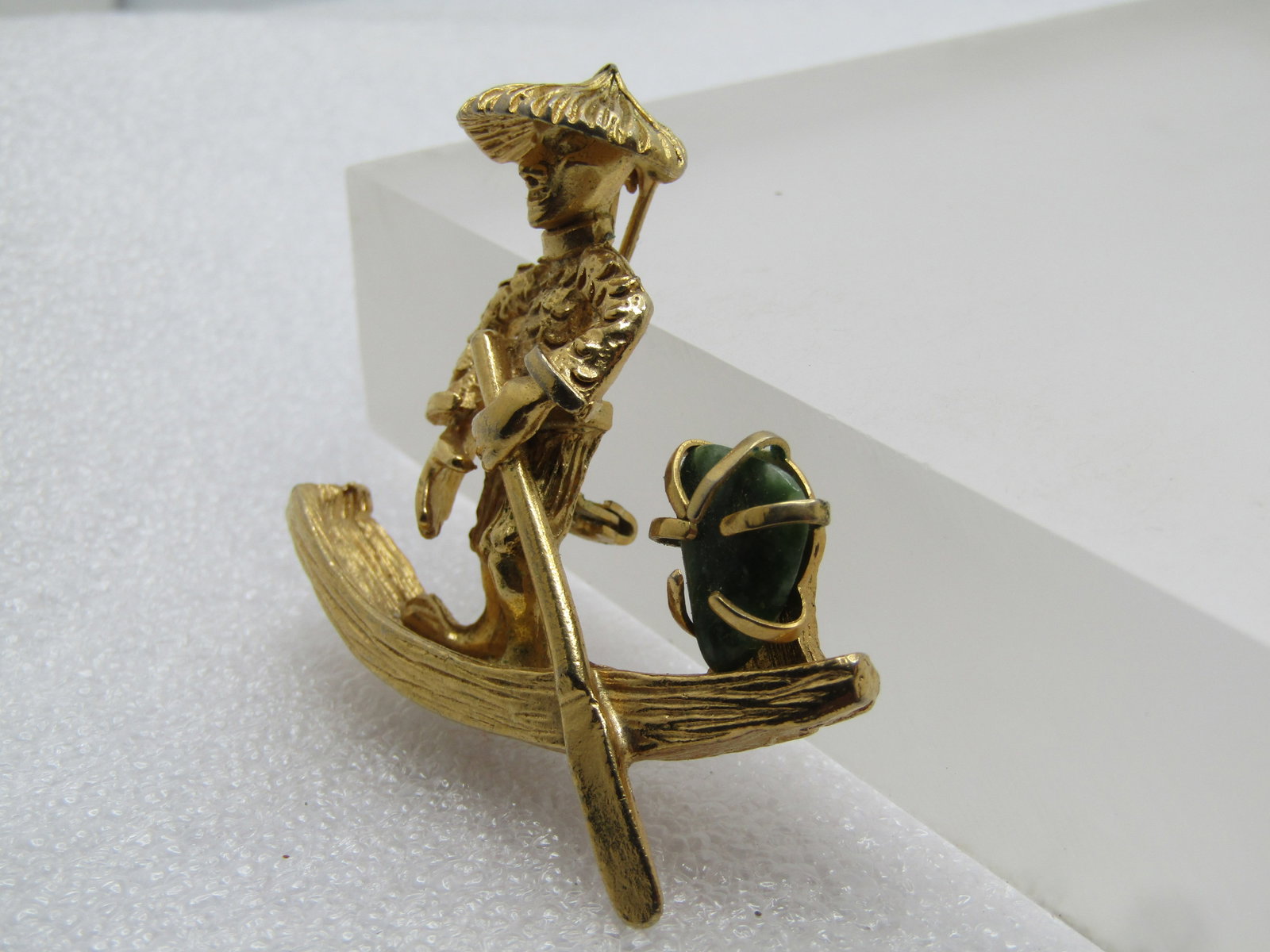 Vintage Chinese Paddle Boat Brooch, With Man, Green Stone, Signed BSK, 1960's - 2