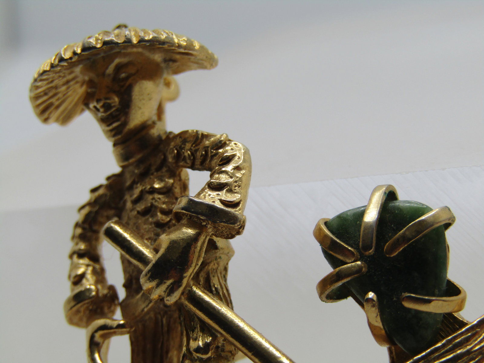 Vintage Chinese Paddle Boat Brooch, With Man, Green Stone, Signed BSK, 1960's - 4
