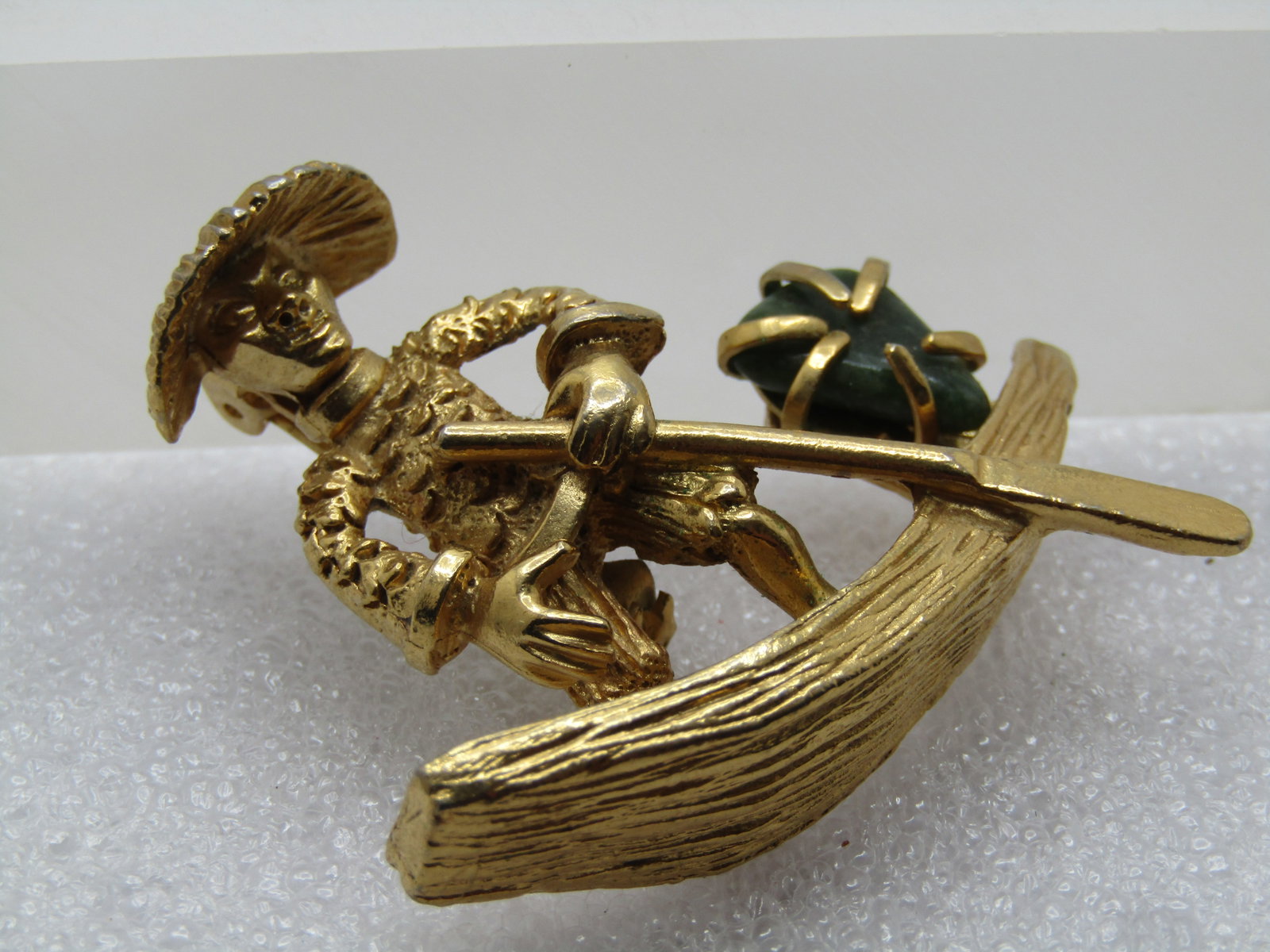 Vintage Chinese Paddle Boat Brooch, With Man, Green Stone, Signed BSK, 1960's - 9