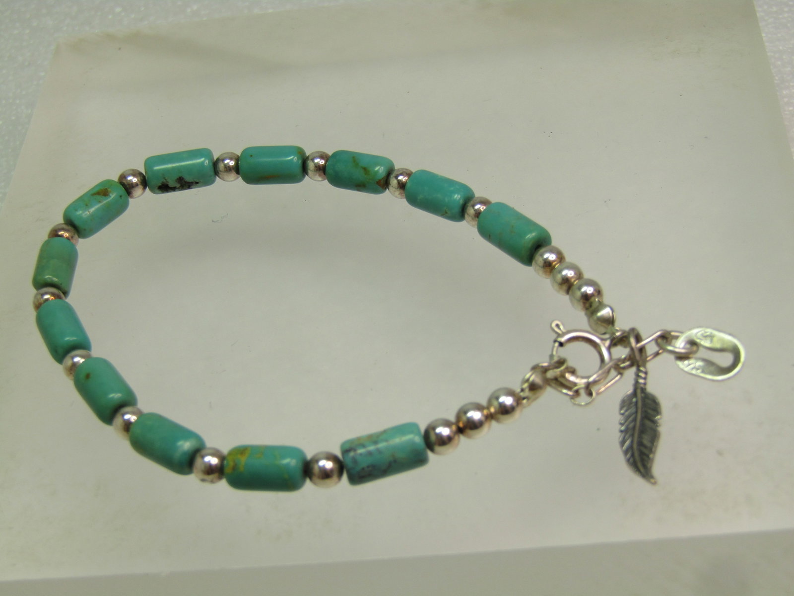 Sterling Carolyn Pollack Turquoise Bracelet, Feather Charm, Southwestern, 1990's. 8.5" - 2