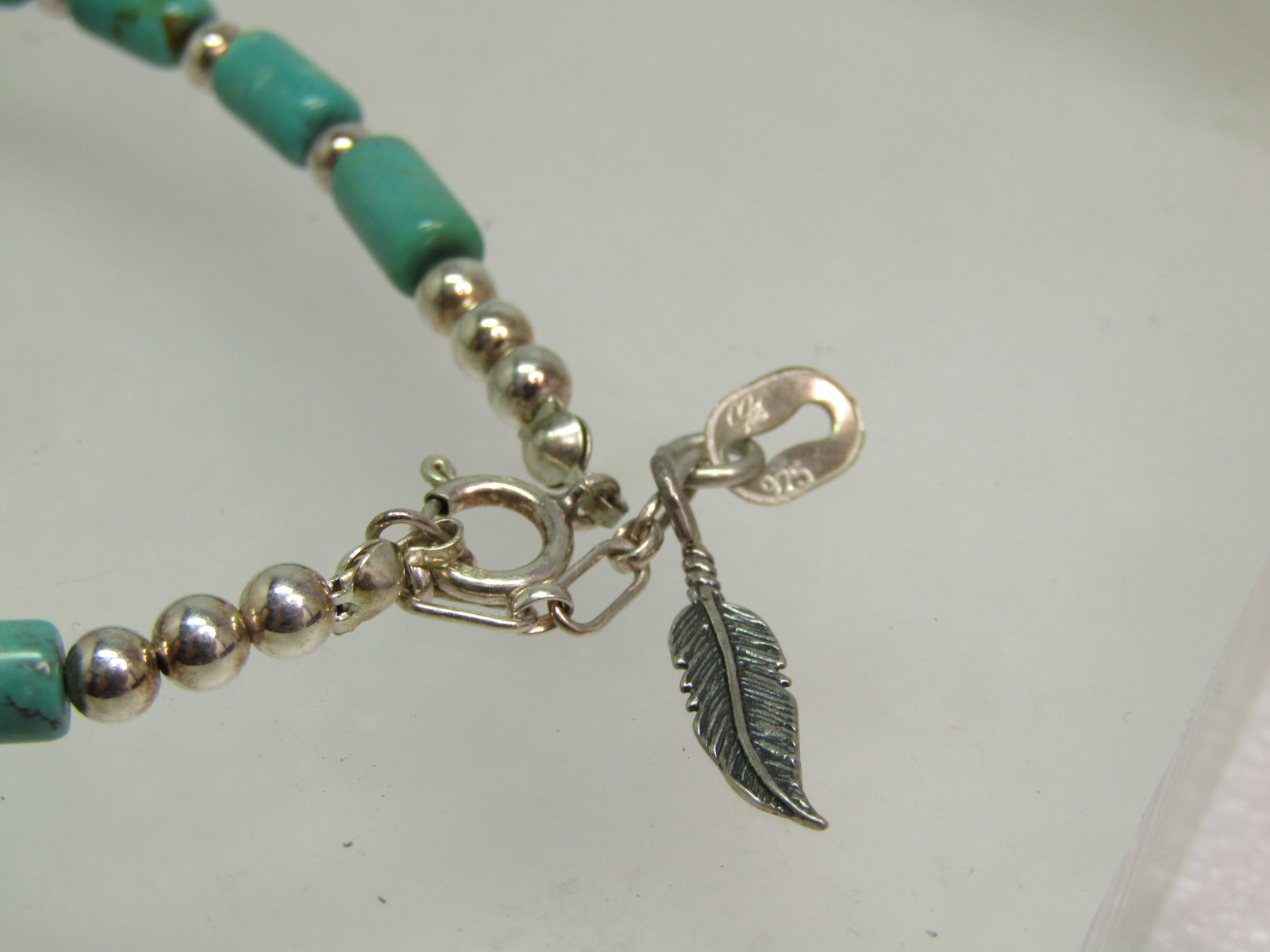 Sterling Carolyn Pollack Turquoise Bracelet, Feather Charm, Southwestern, 1990's. 8.5" - 3