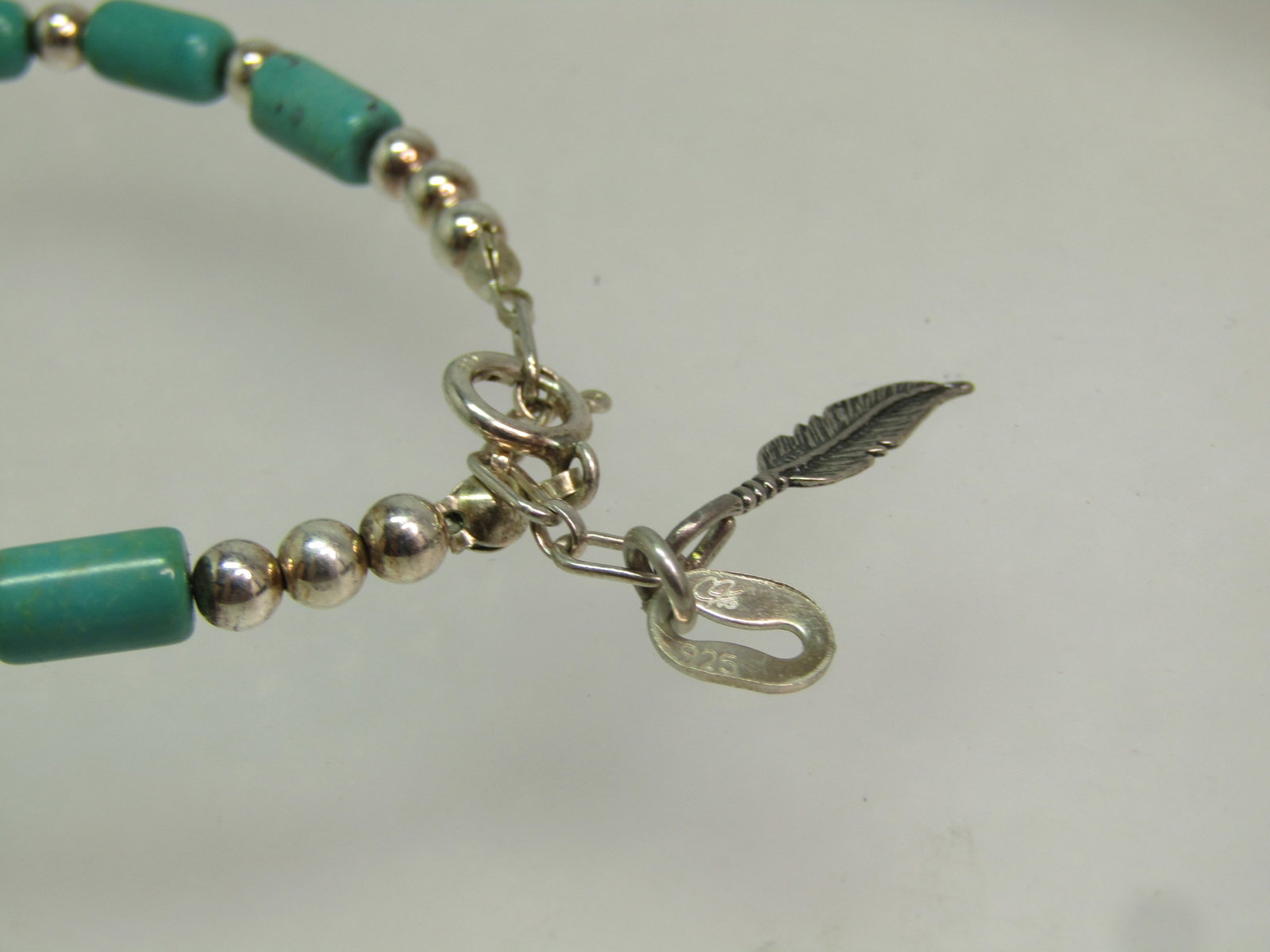Sterling Carolyn Pollack Turquoise Bracelet, Feather Charm, Southwestern, 1990's. 8.5" - 5