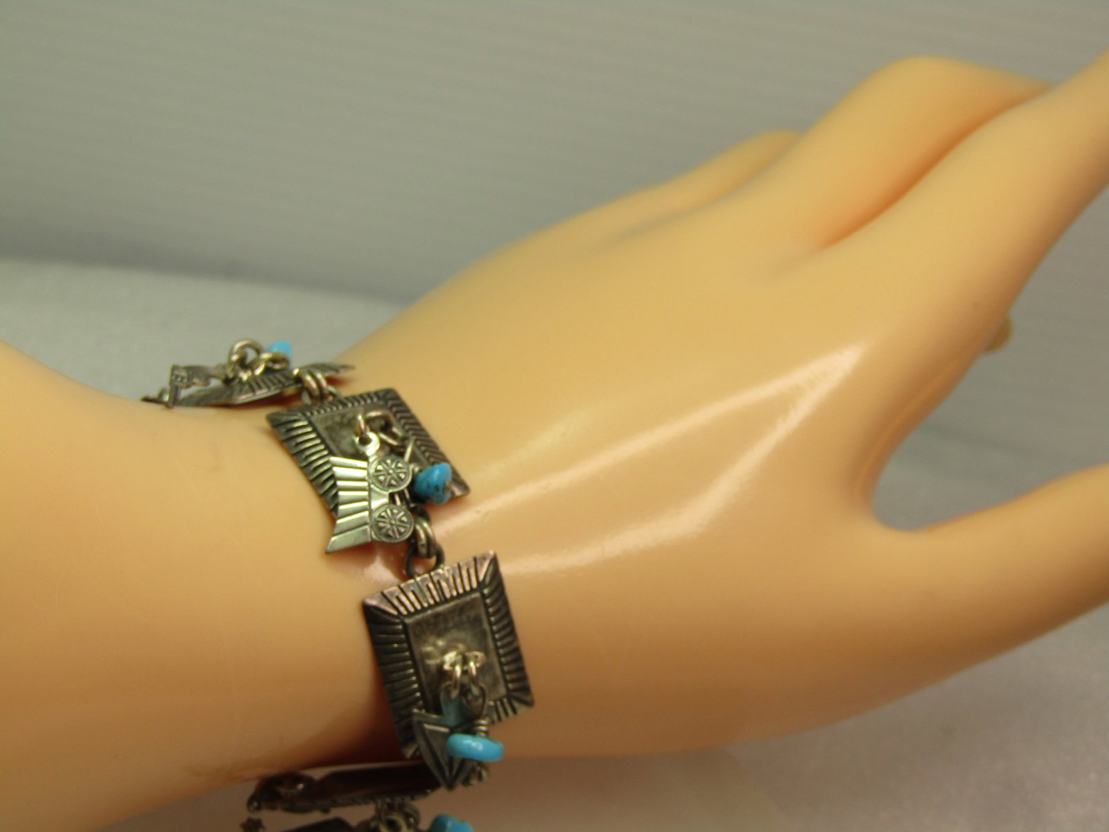 Vintage Sterling Turquoise & Charm Bracelet, Navajo, Richard Begay, 1970's. 7.75" - 6