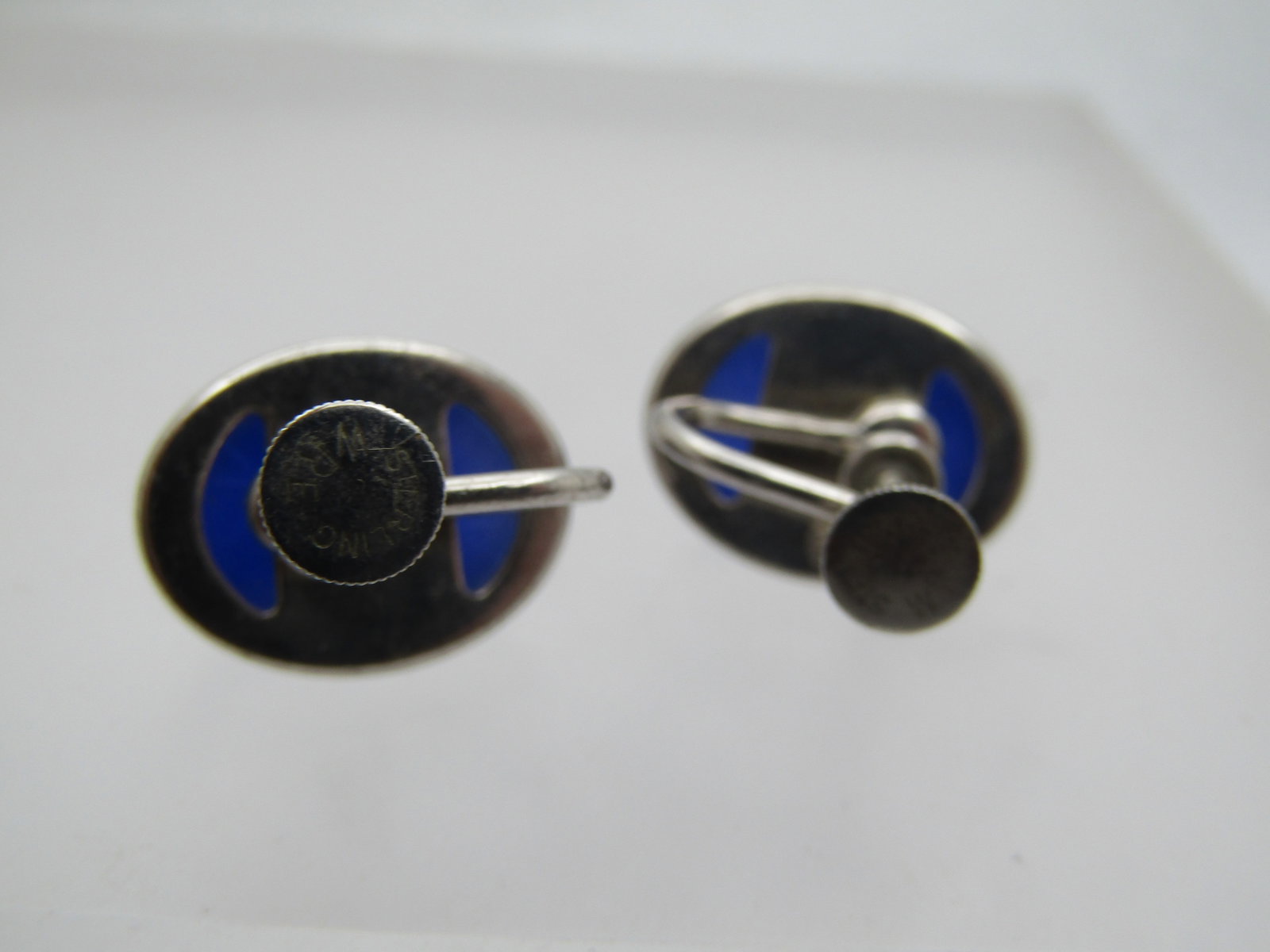 Vintage Sterling Egyptian Revival Blue Scarab Earrings, Signed WRE, 1960's, Screwback. - 6