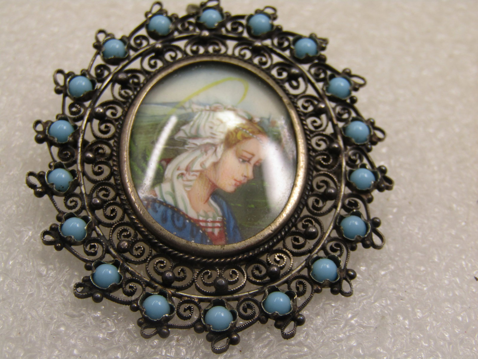 .800 Silver Painted Girl Brooch/Pendant, Turquoise Glass Beaded Filigree Frame - 5