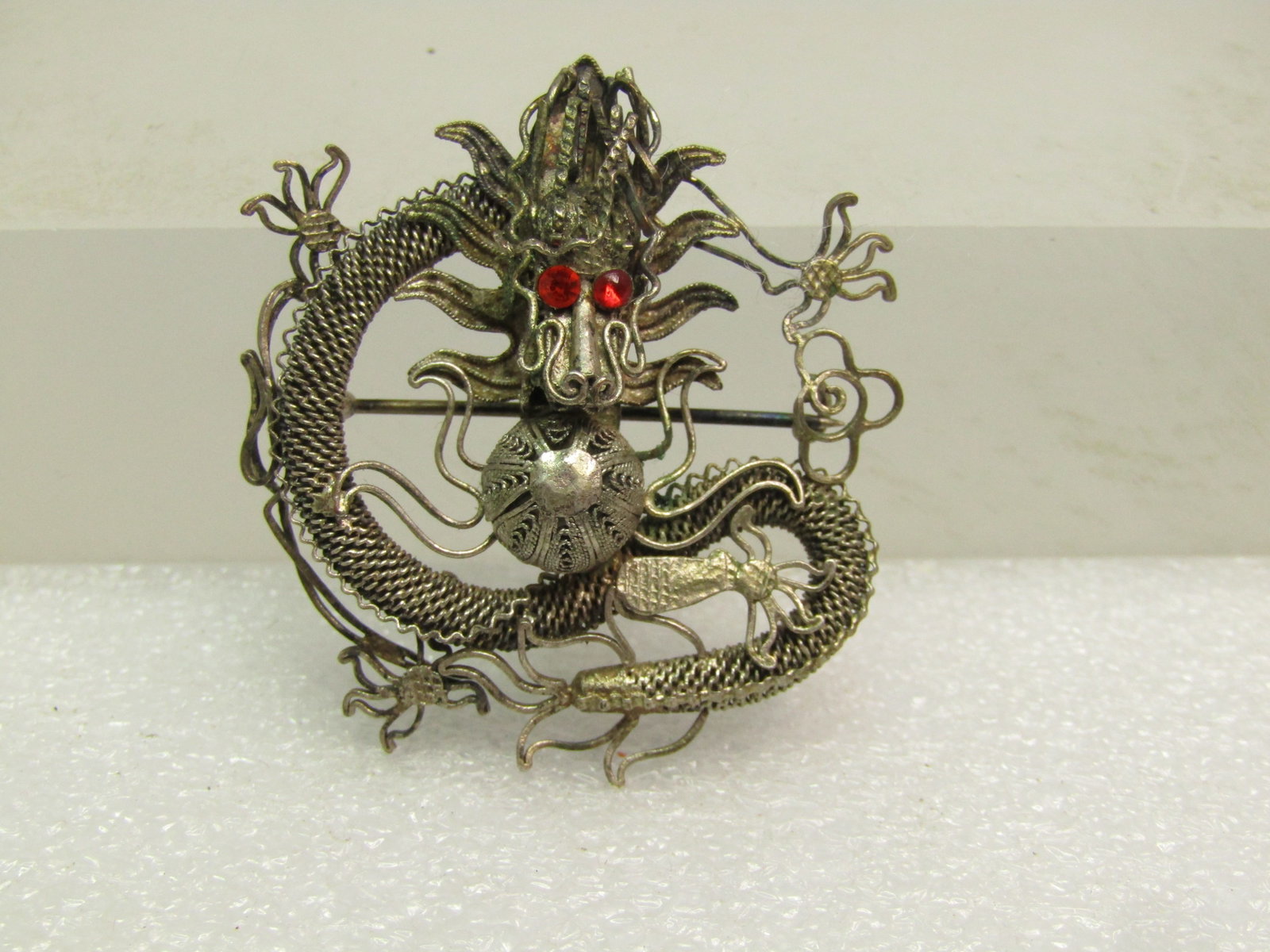 Antique Filigree Dragon Brooch, Rhinestone Eyes, Chinese Import, Early 1900's. - 5