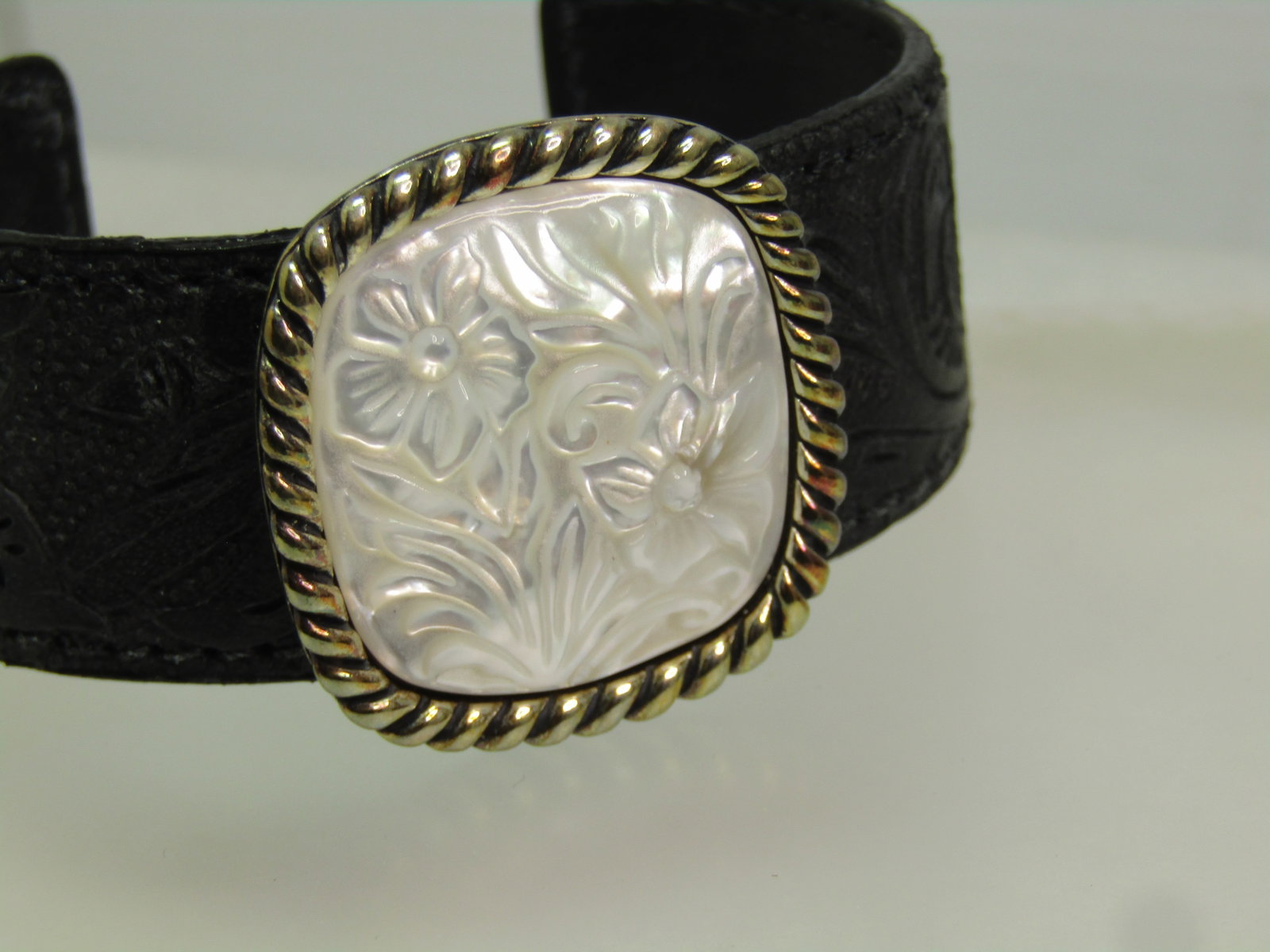 Sterling Floral Carved MOP Leather Cuff Bracelet, Carolyn Pollack, 7", Original Box - 2