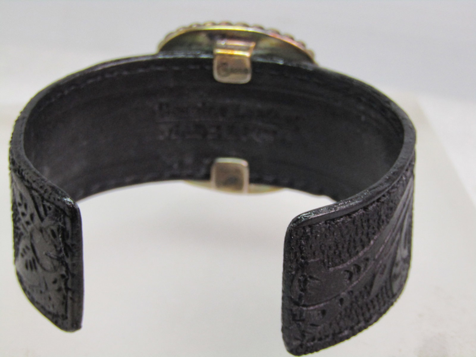 Sterling Floral Carved MOP Leather Cuff Bracelet, Carolyn Pollack, 7", Original Box - 3