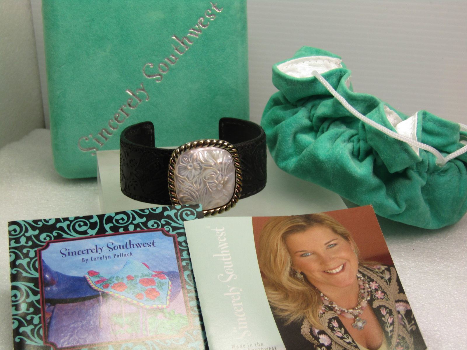 Sterling Floral Carved MOP Leather Cuff Bracelet, Carolyn Pollack, 7", Original Box - 5