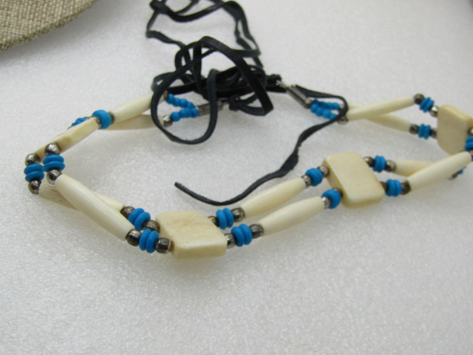 Vintage Costume Warrior Necklace, 32", Unisex, Turquoise & Bone Colored Beads, Black Suede - 5