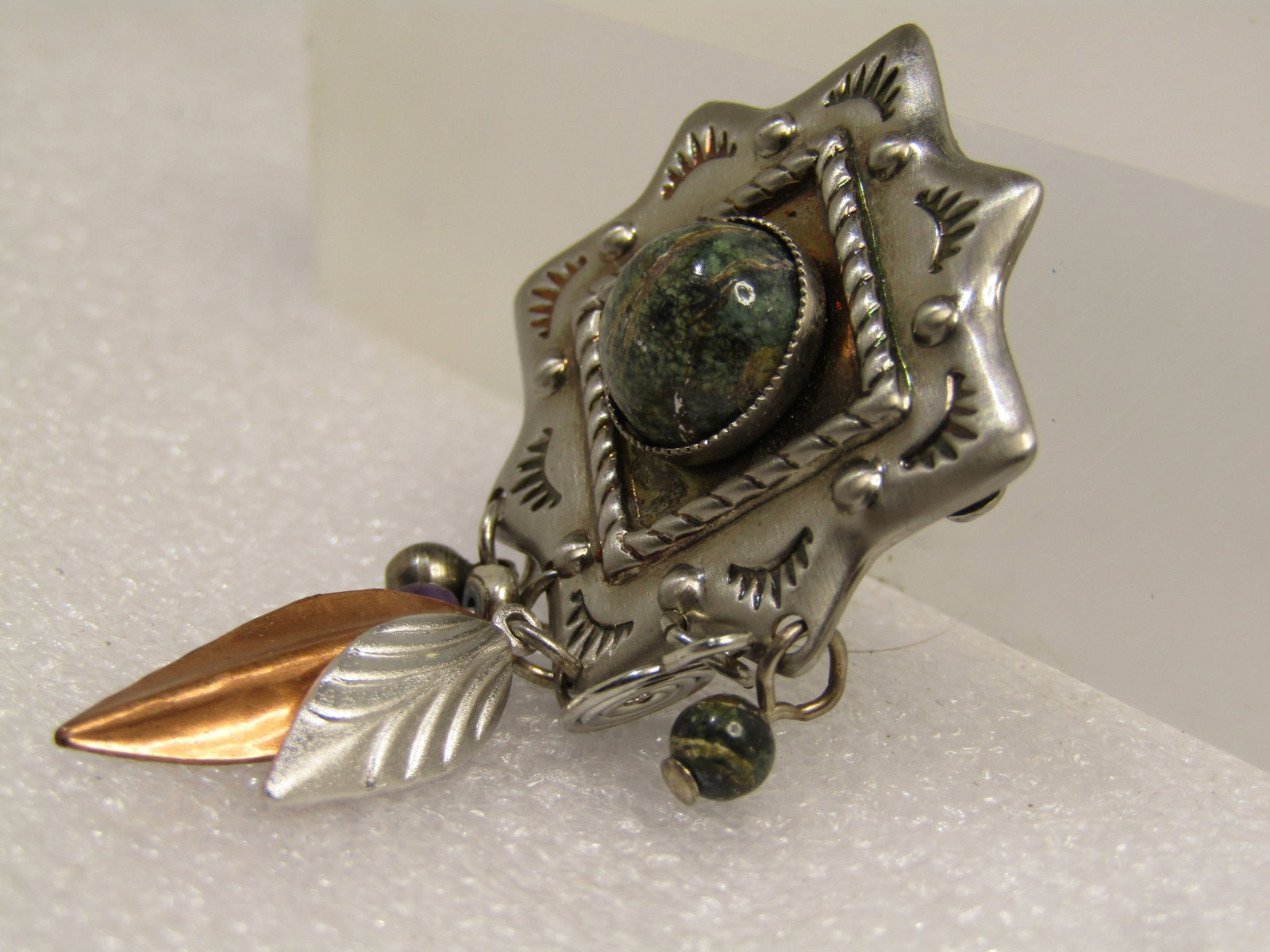 Vintage Costume Southwestern Brooch, Dangle Feathers, 1980's-1990's - 3