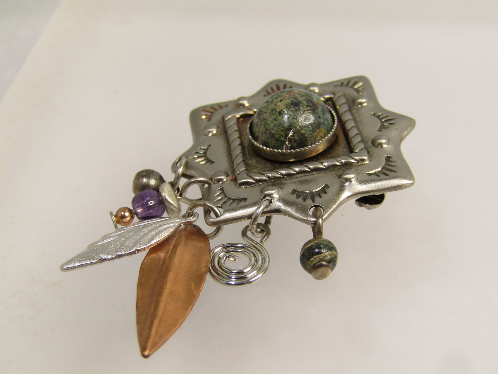 Vintage Costume Southwestern Brooch, Dangle Feathers, 1980's-1990's - 5