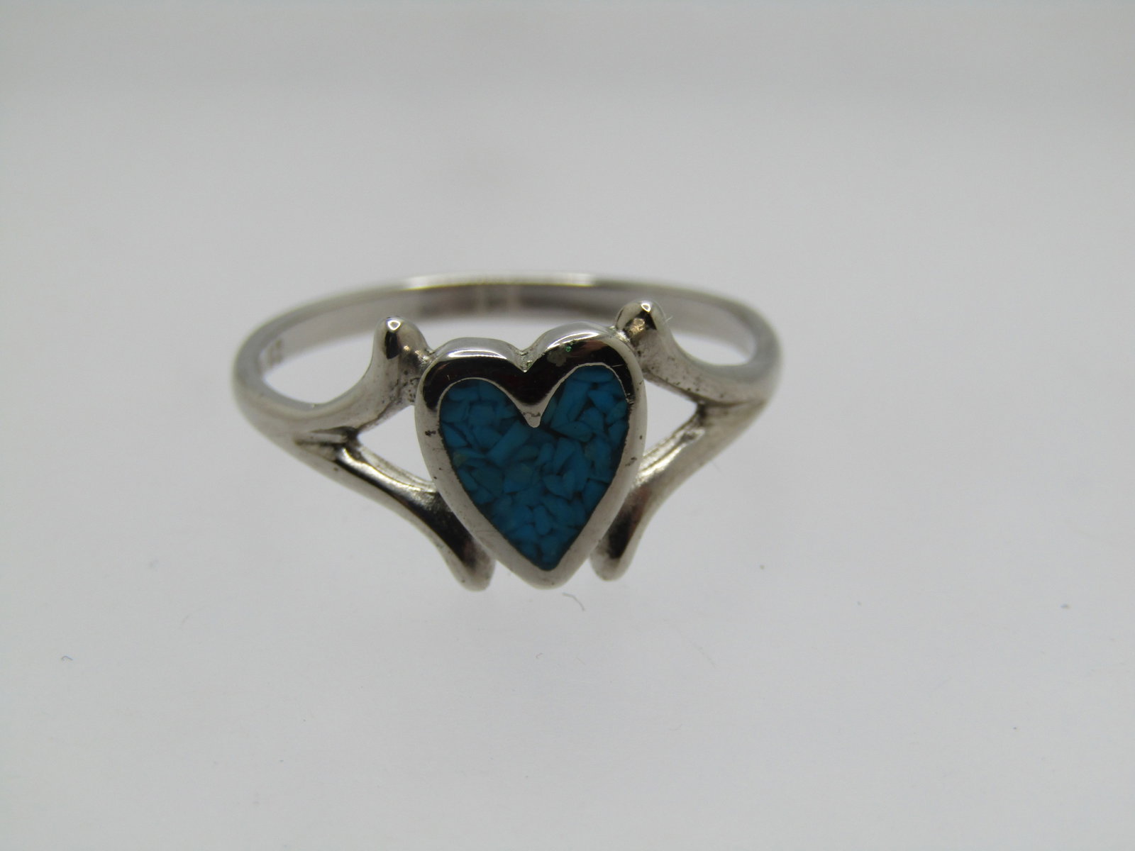 Vintage Southwestern Turquoise Chip Heart Ring, Sz. 9, Silver Plated, 1980's, Signed - 3