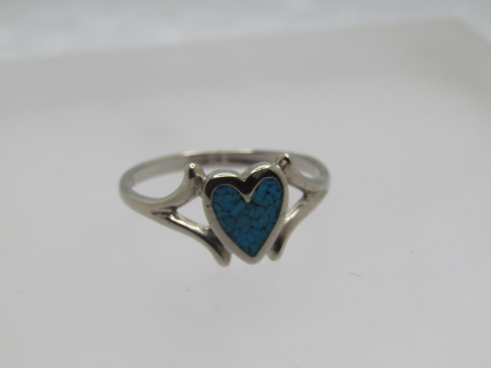 Vintage Southwestern Turquoise Chip Heart Ring, Sz. 9, Silver Plated, 1980's, Signed - 6