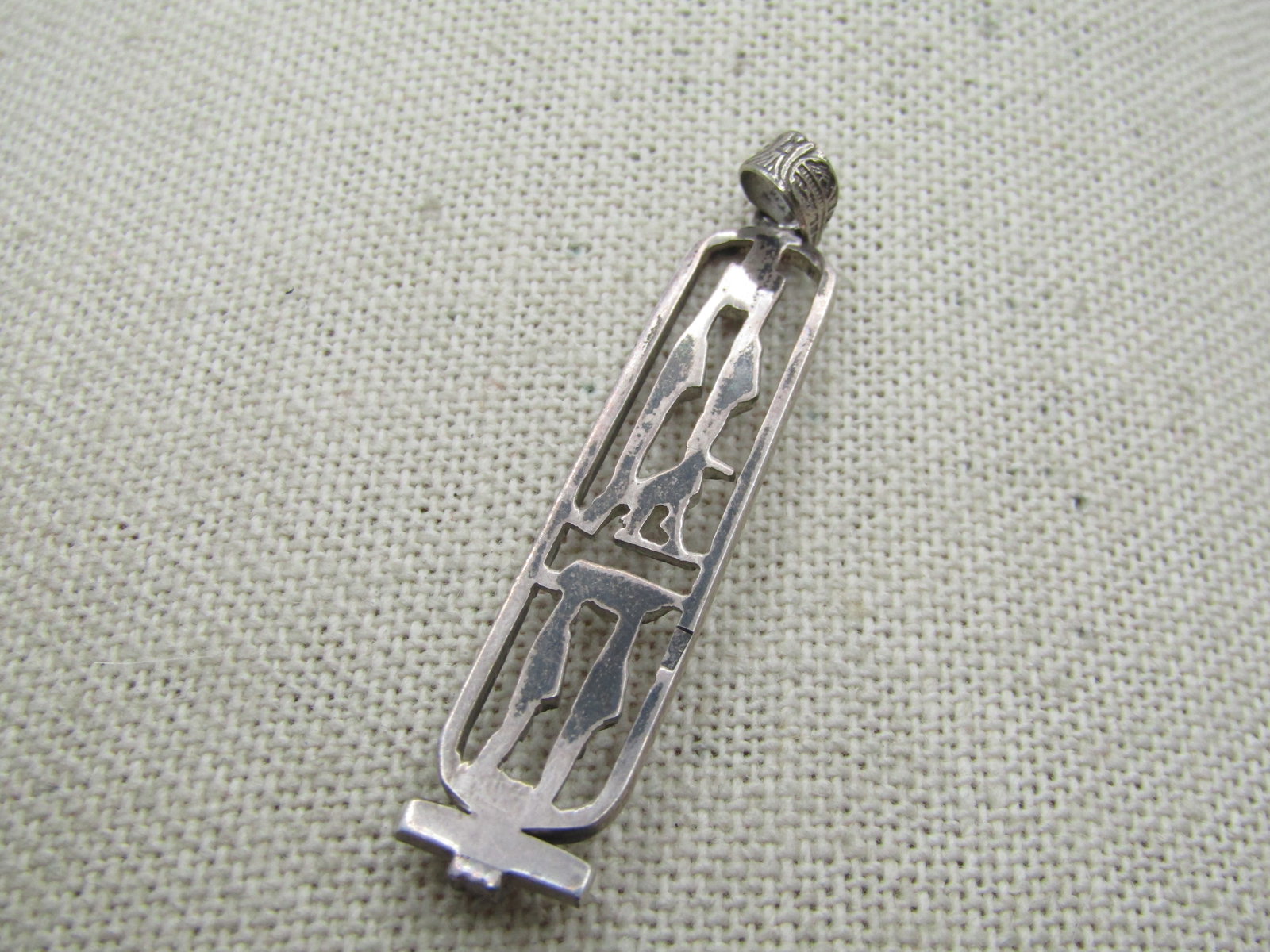 Vintage Sterling Egyptian Cartouche Pendant, 2-1/8" tall and appx. 1/2" wide. 1980's. - 3
