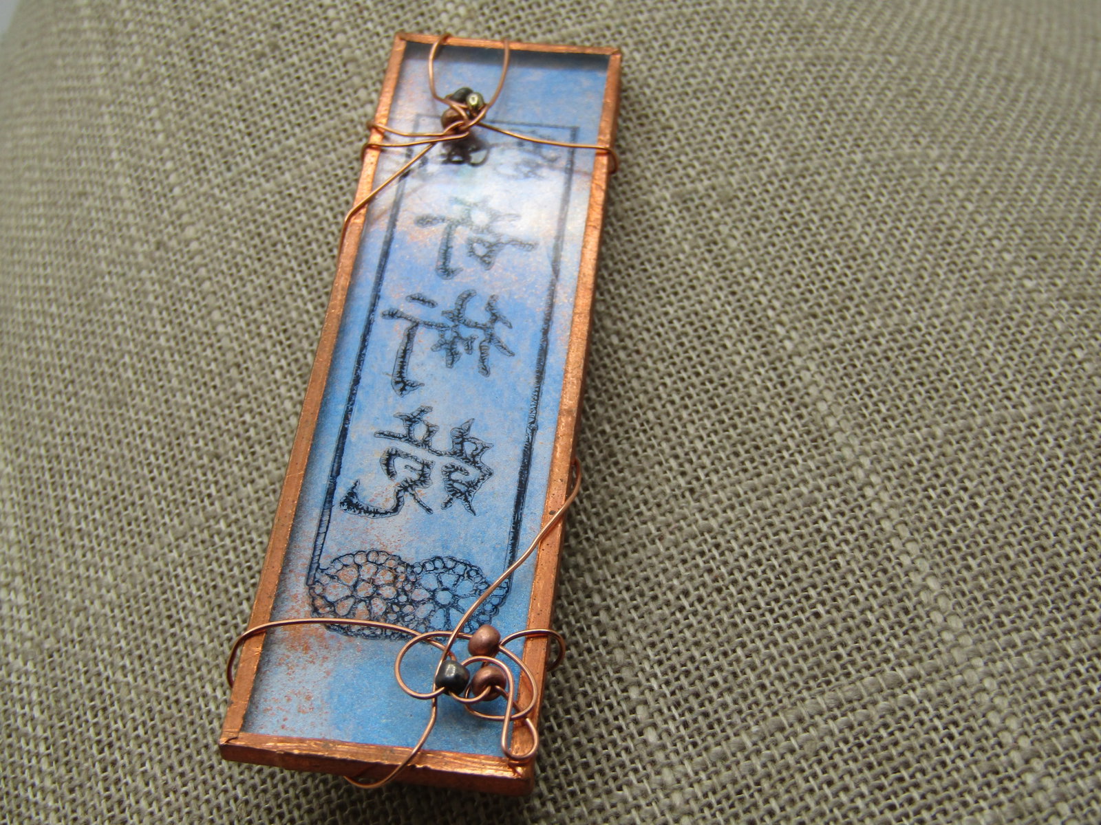 Vintage Painted Chinese Symbols Brooch, Copper Framed, 3", 1990's. - 2