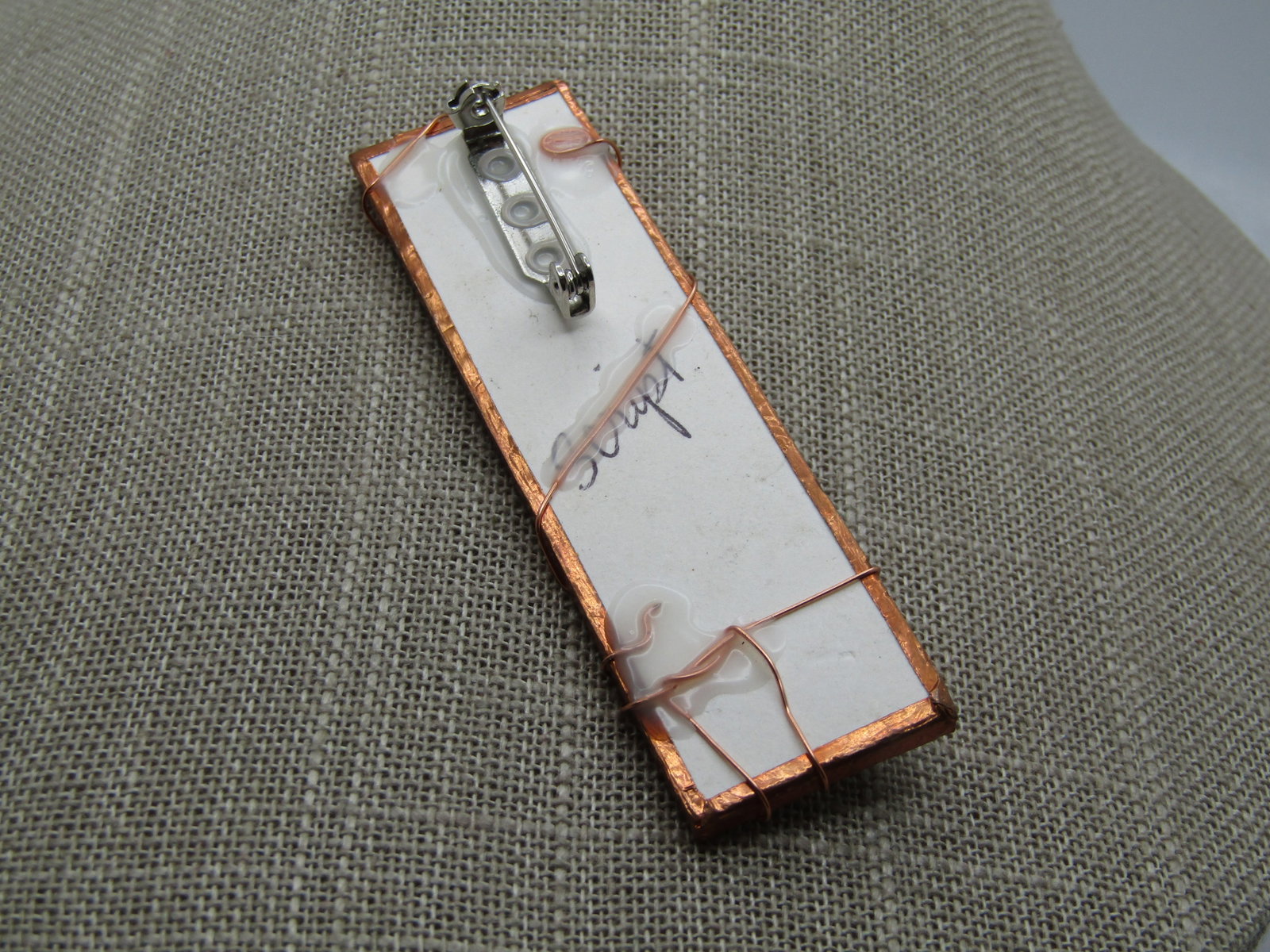 Vintage Painted Chinese Symbols Brooch, Copper Framed, 3", 1990's. - 5