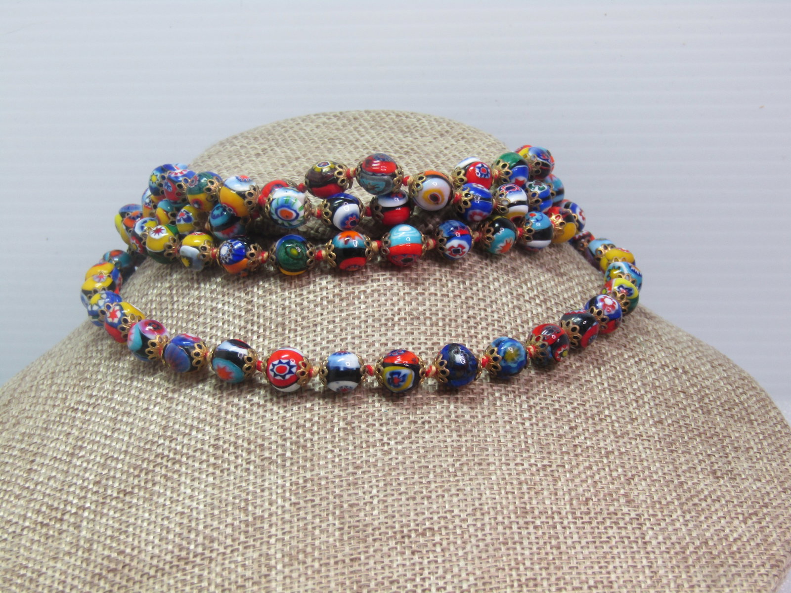 Vintage 48" Millefiori 8mm Beaded Necklace, Knotted Between Beads, 1960's. - 2