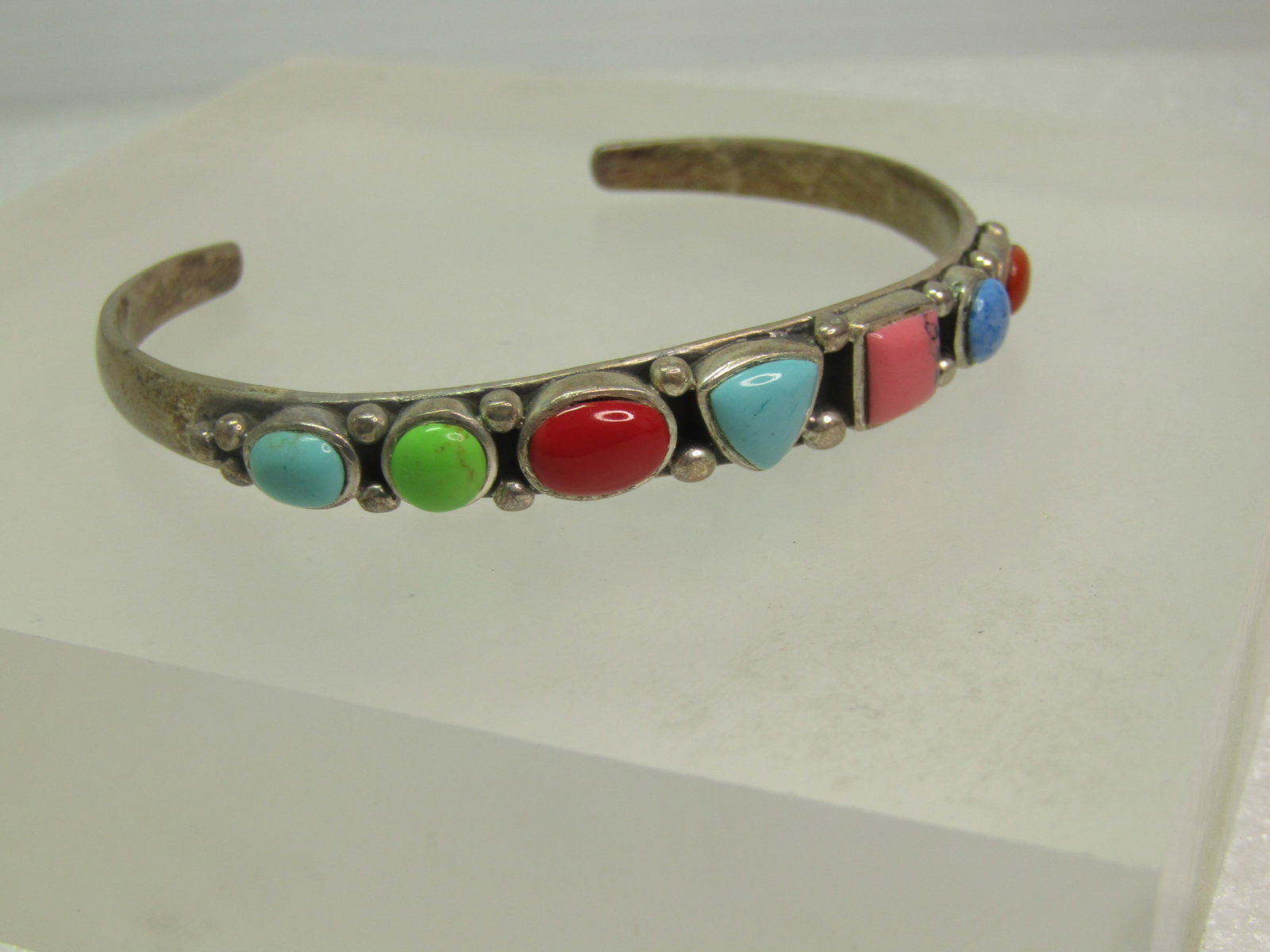 Vintage Sterling Southwestern Cuff Bracelet, 6.5 Faux Turquoise & More, 1980's - 2