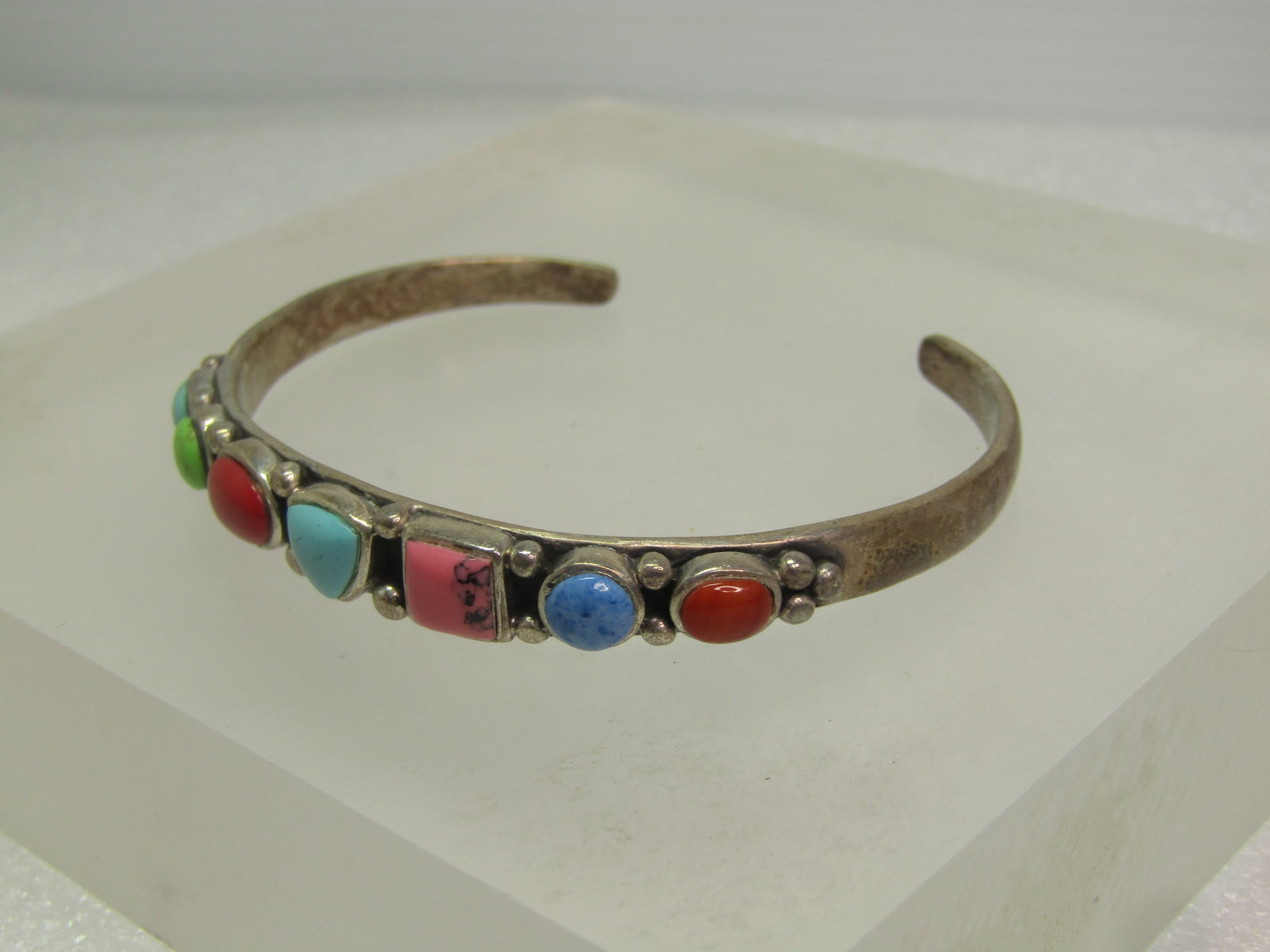 Vintage Sterling Southwestern Cuff Bracelet, 6.5 Faux Turquoise & More, 1980's - 3