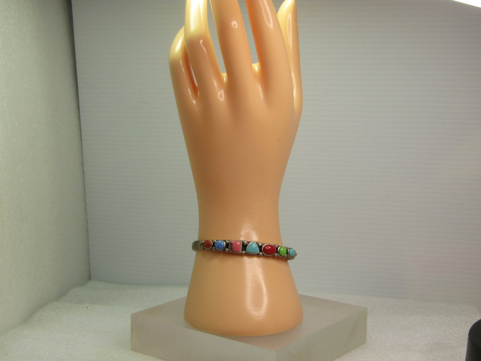 Vintage Sterling Southwestern Cuff Bracelet, 6.5 Faux Turquoise & More, 1980's - 7