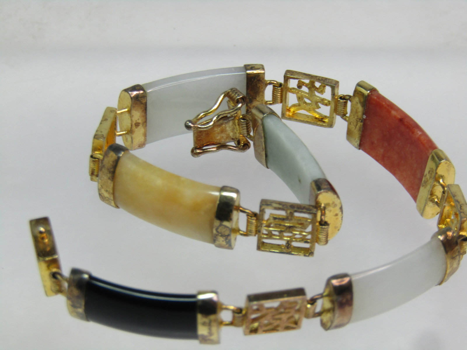 Vintage Sterling Vermeil Chinese Jade Link Bracelet, 7.5", 1980's, Signed - 4