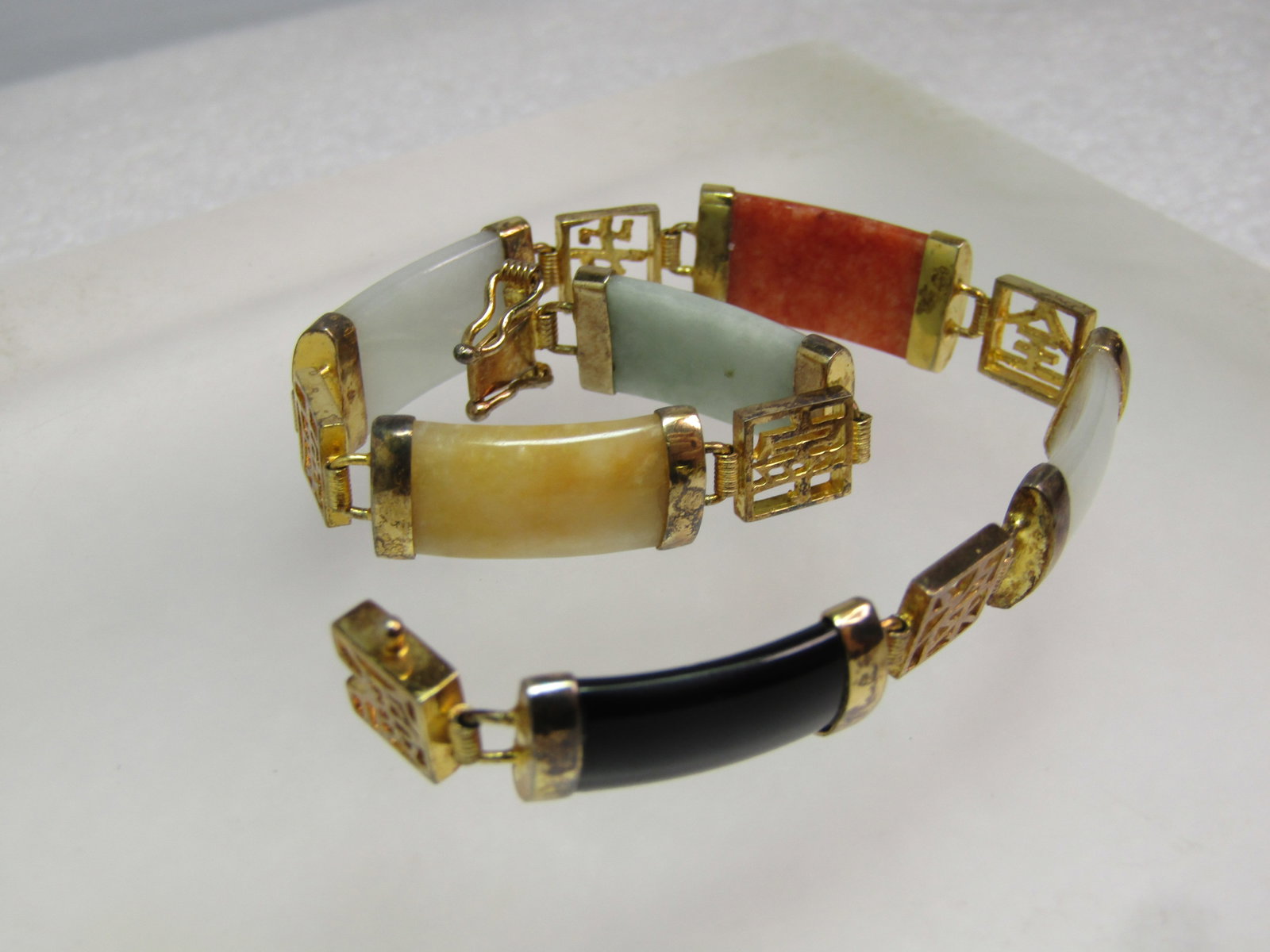 Vintage Sterling Vermeil Chinese Jade Link Bracelet, 7.5", 1980's, Signed - 5
