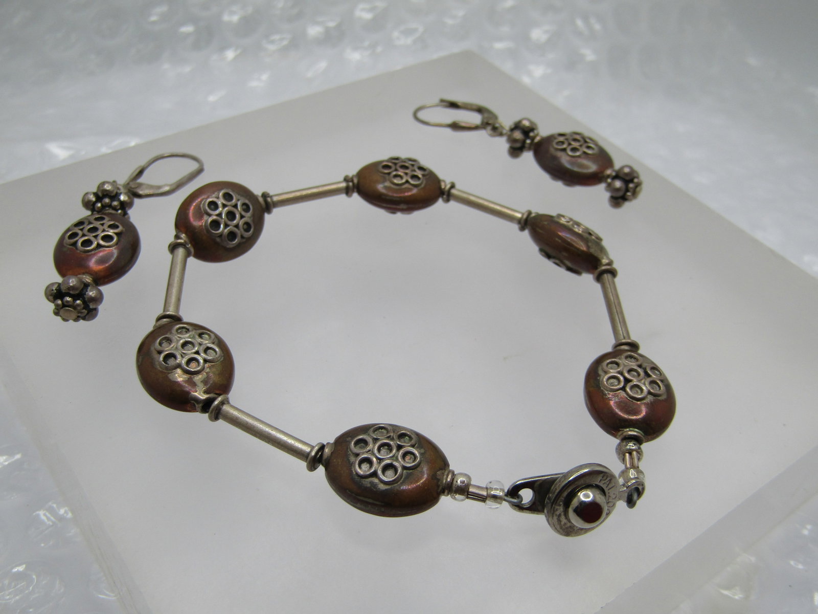 Vintage Sterling & Copper Plated Bracelet & Earrings Set, Leverback - 2
